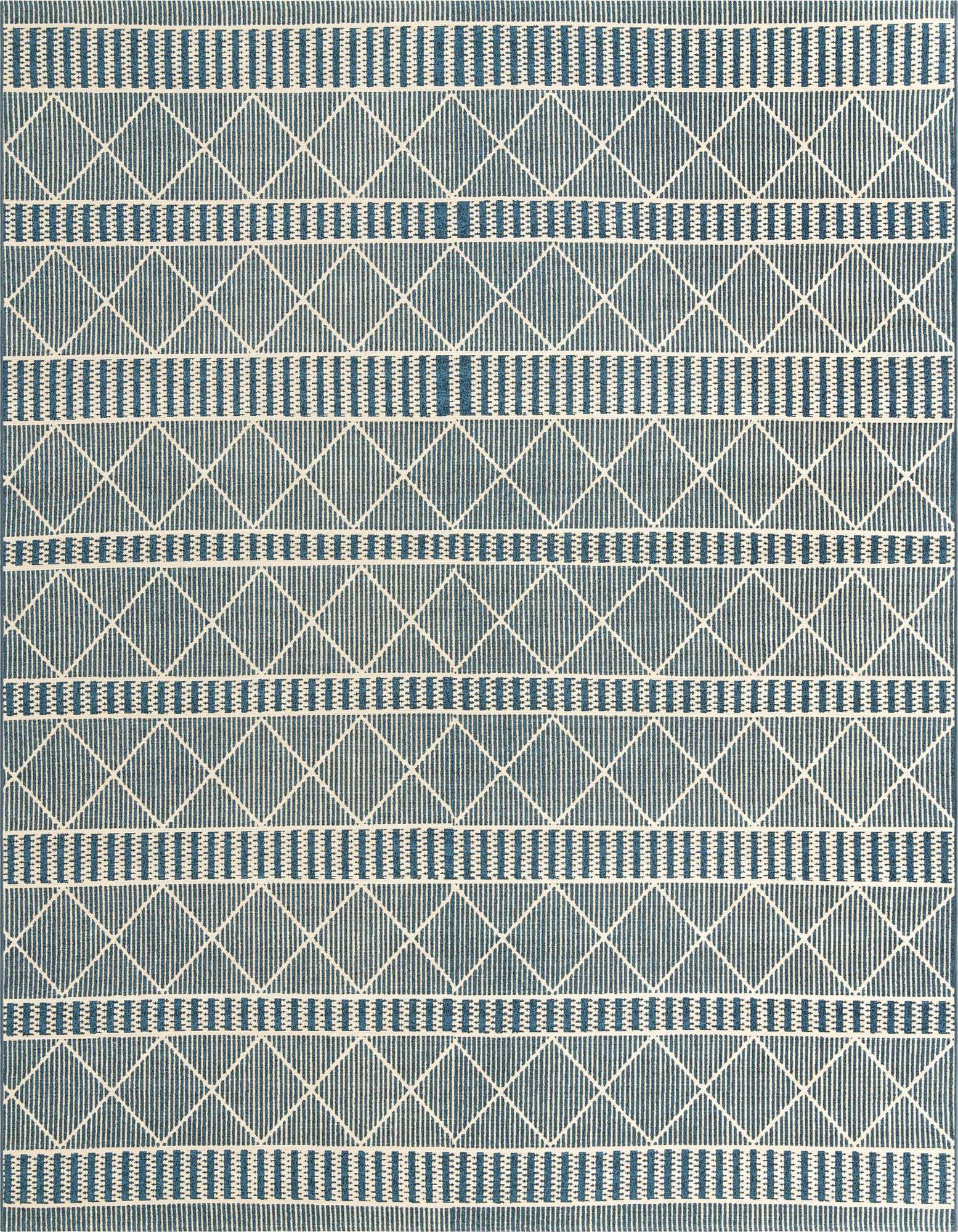 A 10x12 rectangular blue and off-white indoor/outdoor rug with a modern tribal trellis pattern, ideal for a patio.