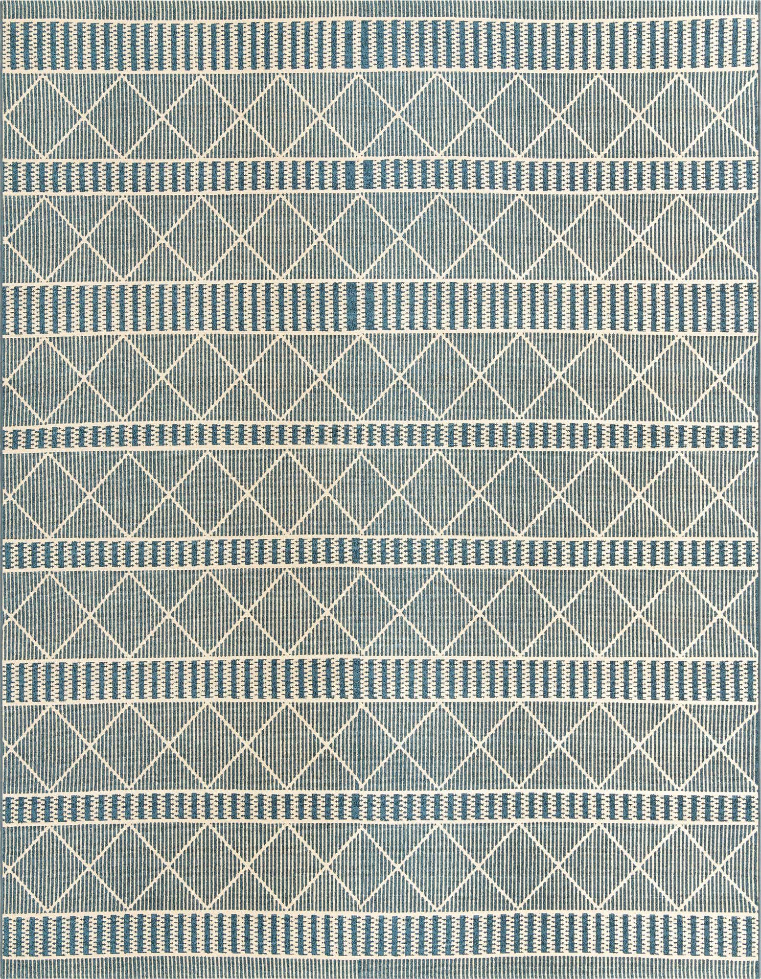 An 8x10 rectangular blue and white flatweave rug with a repeating tribal trellis pattern, suitable for indoor or outdoor use.