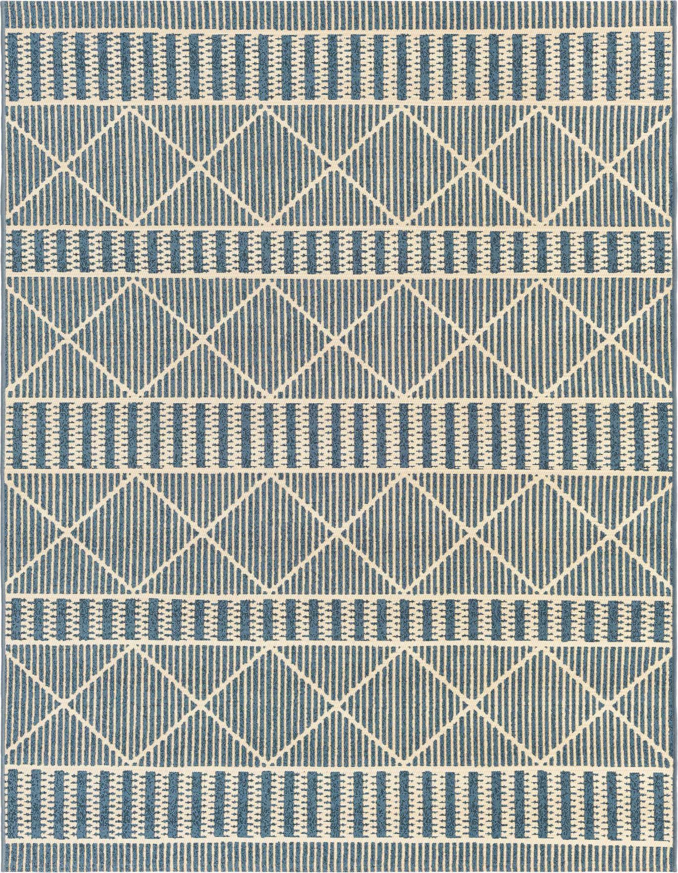 A 5x8 rectangular indoor/outdoor rug featuring a blue and cream tribal geometric pattern with vertical stripes and trellis diamonds.