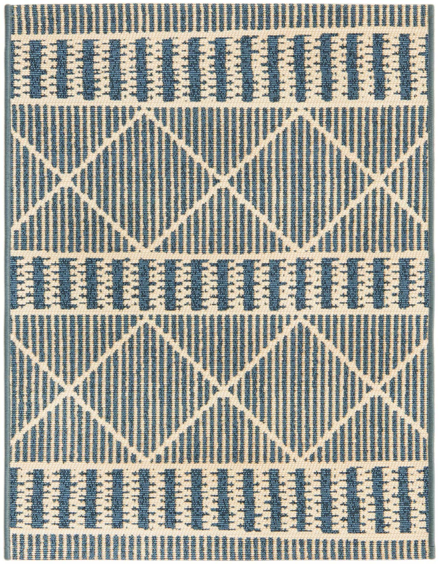 A 2x3 rectangular blue and cream flatweave rug with a modern tribal trellis pattern, suitable for indoor/outdoor use.