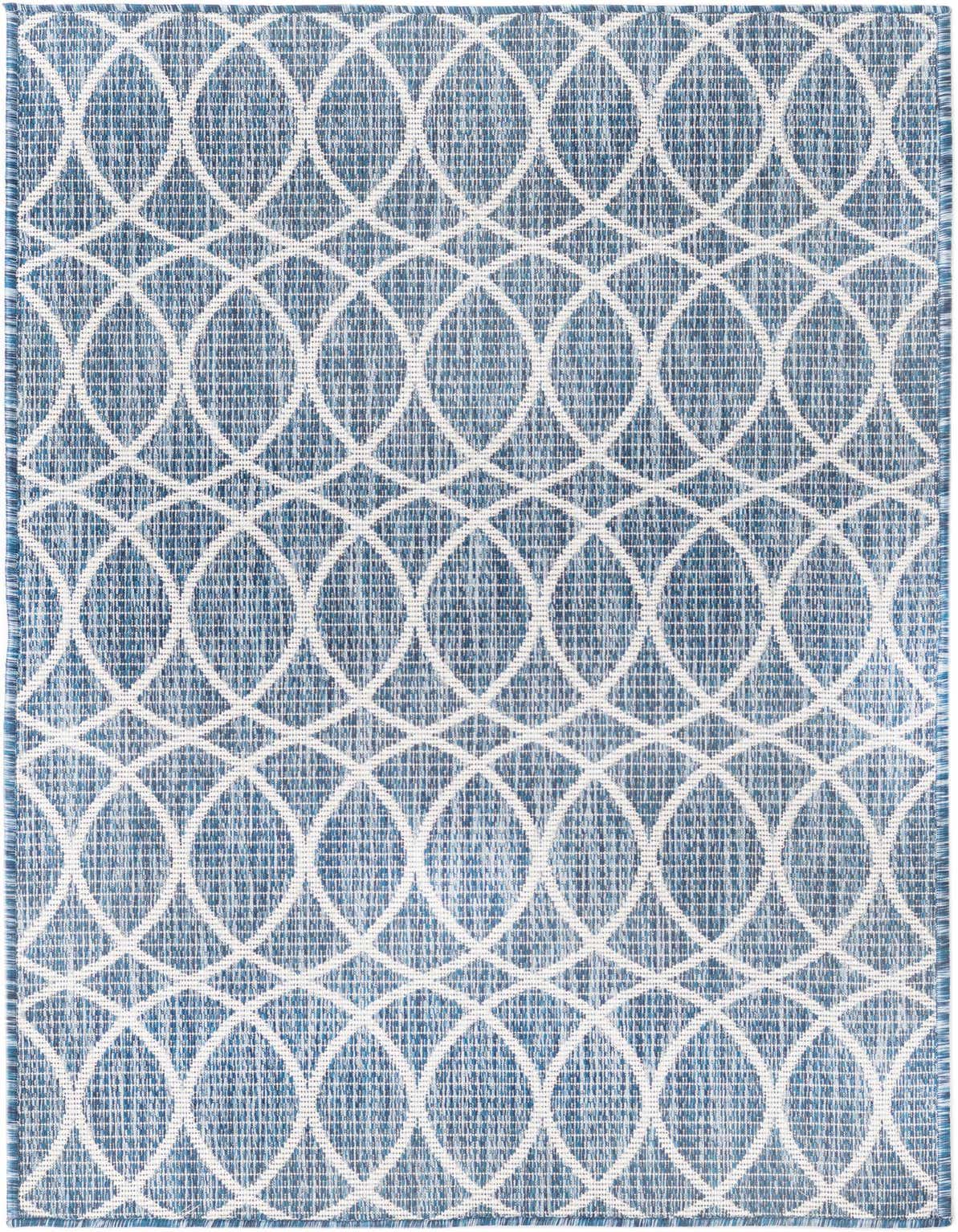 A 3x5 rectangular blue and white modern trellis rug, suitable for indoor or outdoor use.