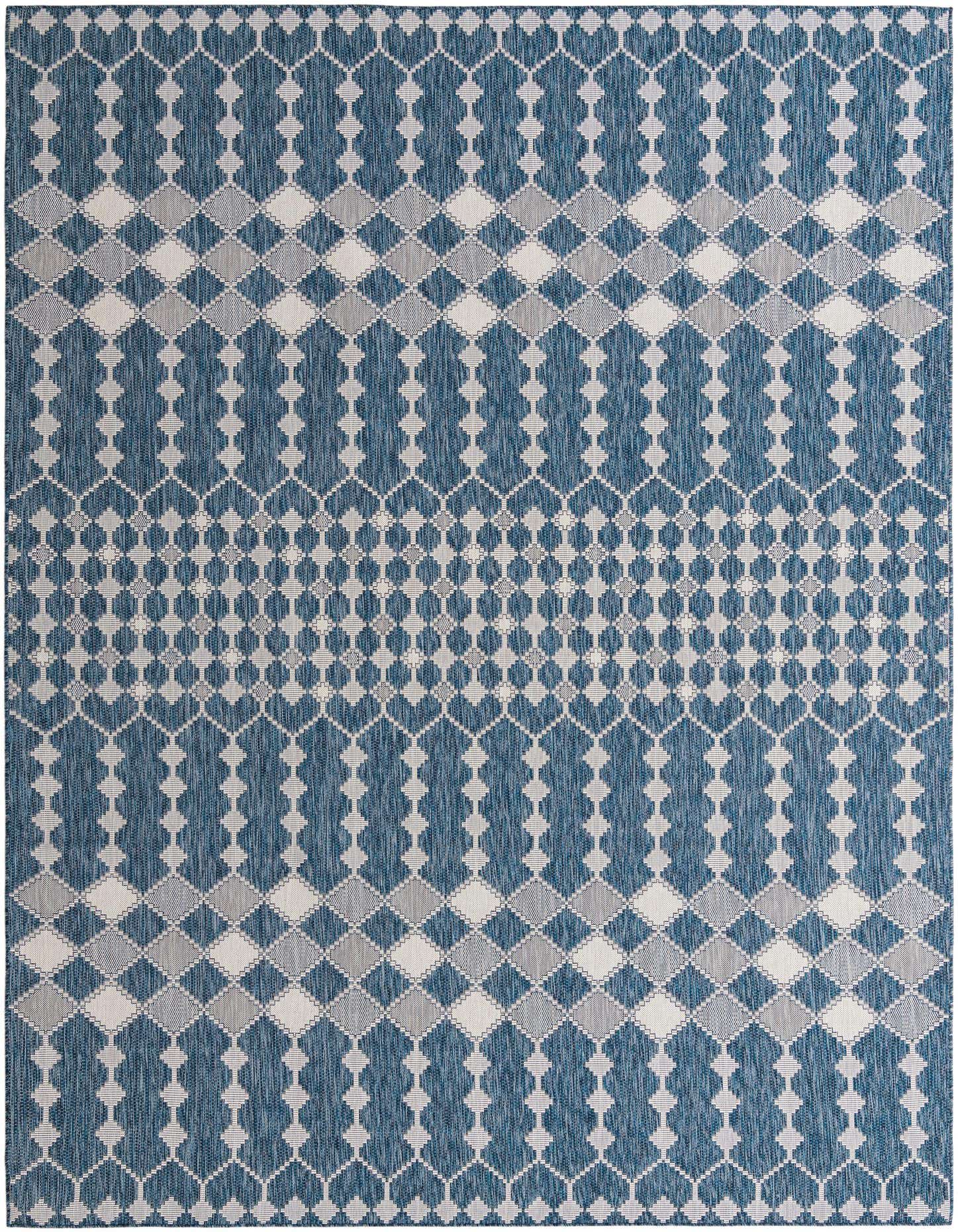 A 10x14 rectangular blue and white flatweave rug with a modern tribal trellis pattern, suitable for indoor or outdoor use.