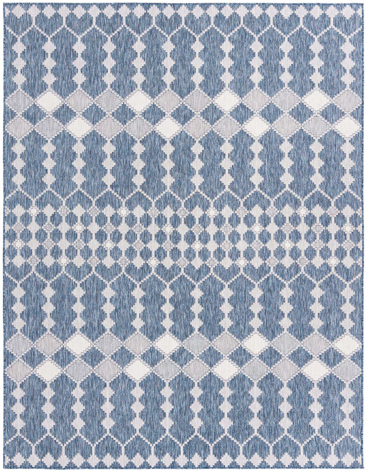 An 8x11 rectangular blue and white flatweave rug with a modern trellis and tribal geometric pattern, suitable for indoor or outdoor use.