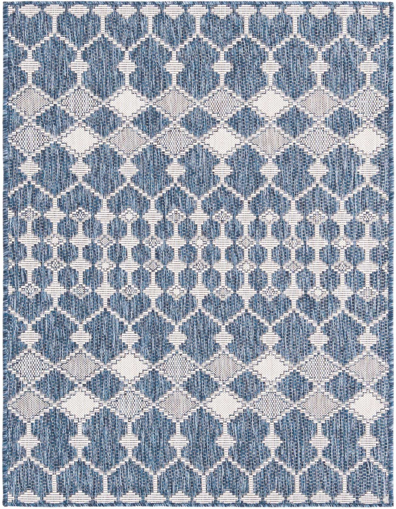 A 3x5 rectangular blue and white flatweave rug with a modern trellis pattern, suitable for indoor or outdoor use.
