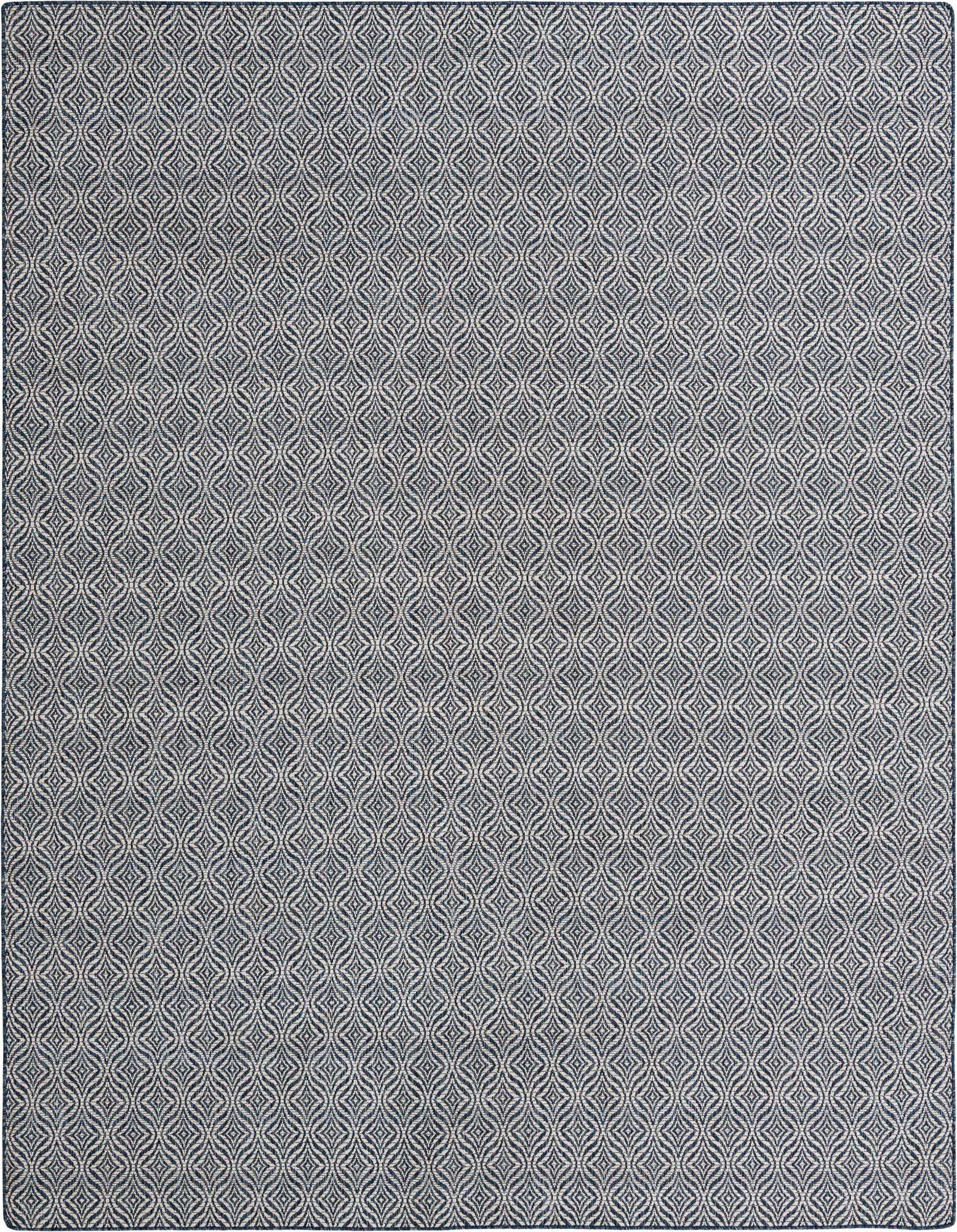 A 9x12 rectangular indoor/outdoor rug featuring a modern trellis pattern in shades of blue, suitable for a living room or patio.
