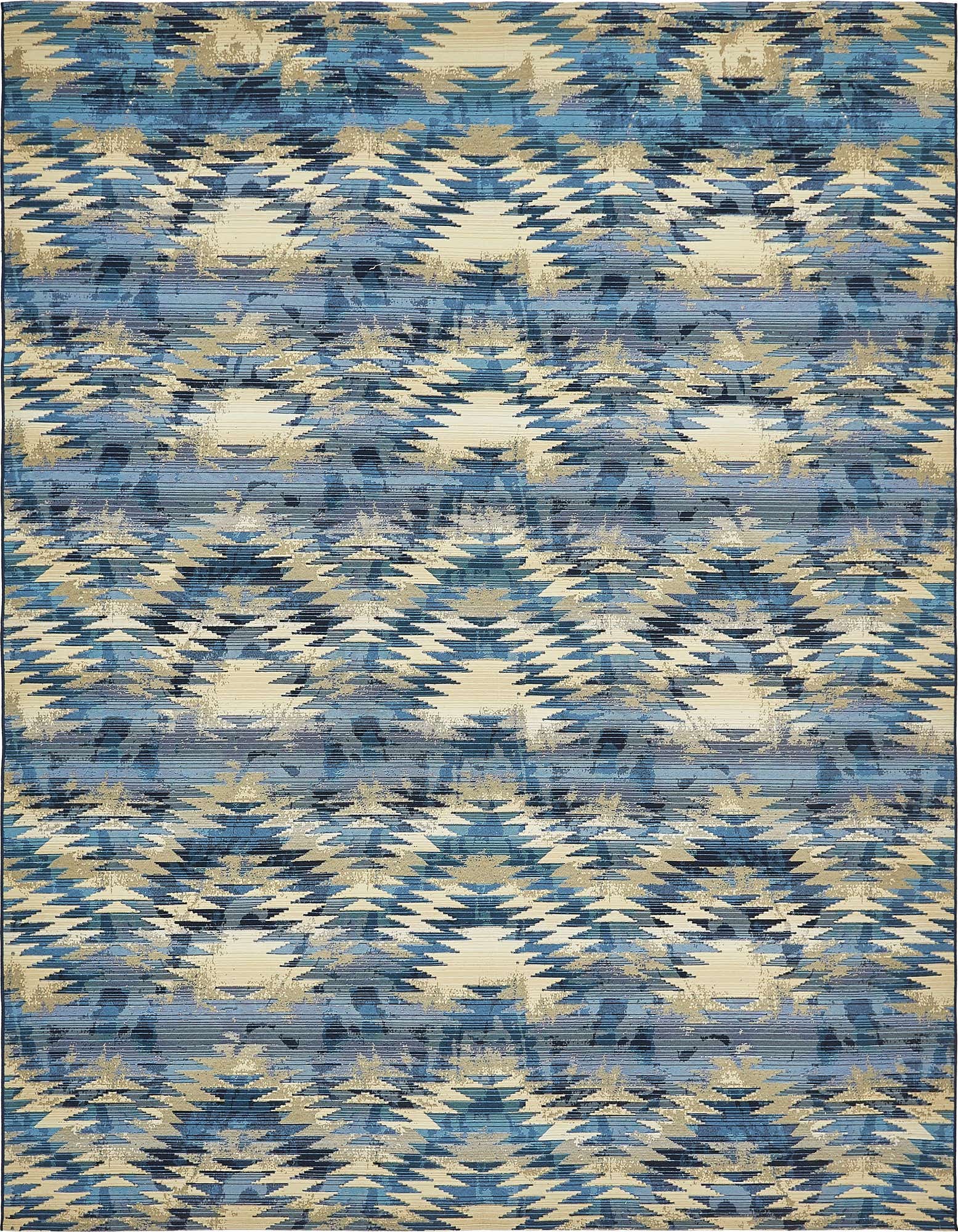 A 10x12 rectangular indoor/outdoor rug with an eclectic Southwestern pattern in various shades of blue and beige.