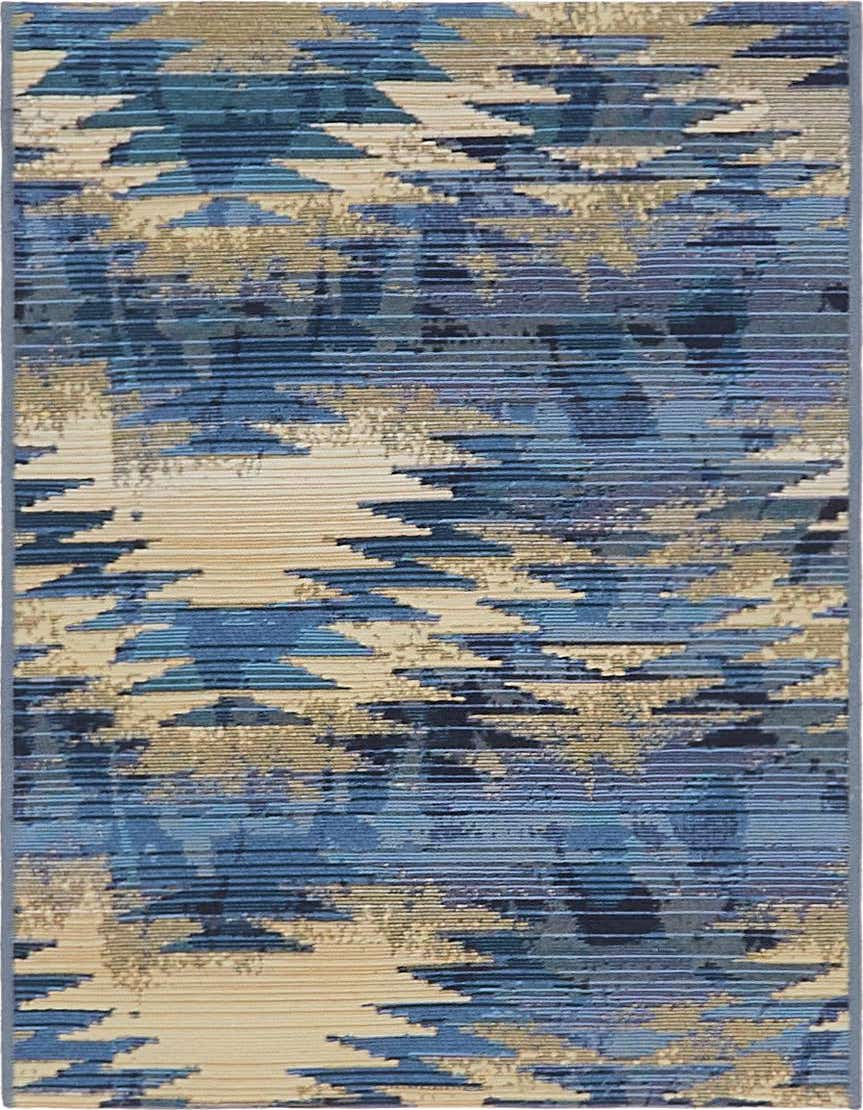 A 2x3 rectangular Rugs.com Outdoor Modern rug featuring an abstract, eclectic pattern in various shades of blue and beige.