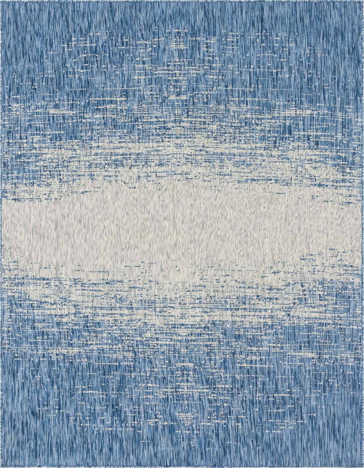 A 7x10 rectangular indoor/outdoor rug featuring a modern abstract design with shades of blue fading into a light center band.