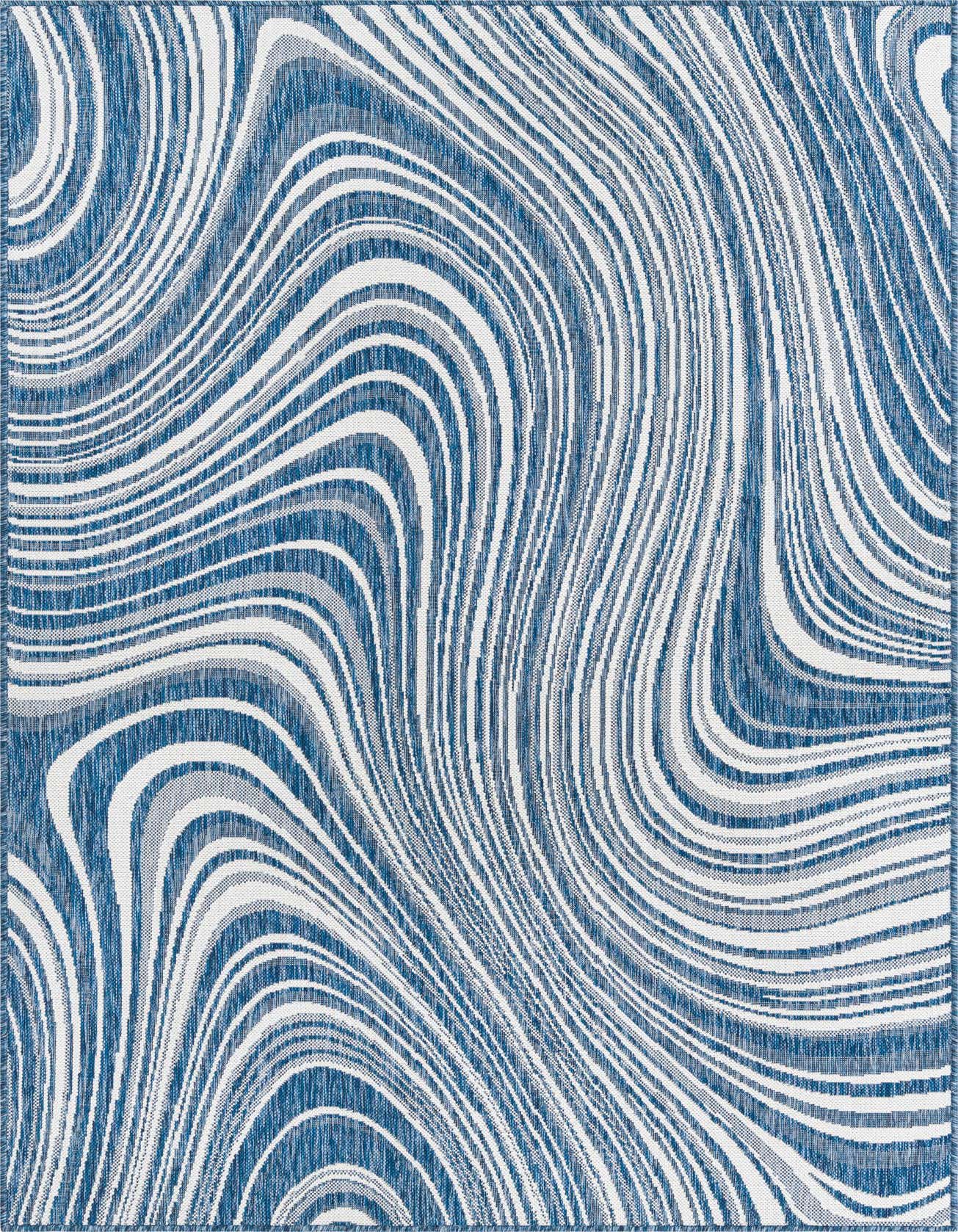 A rectangular 8x11 blue and white rug with a flowing, wavy modern pattern, suitable for indoor or outdoor spaces.