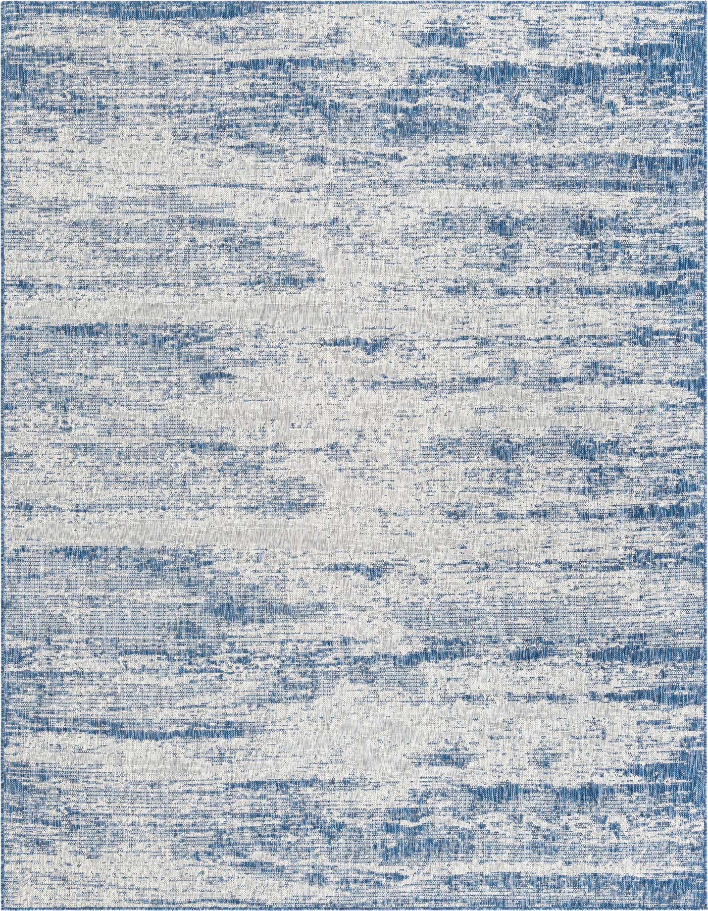 An 8x11 rectangular blue and white indoor/outdoor rug with a distressed, horizontal stripe pattern, ideal for a patio or living room.