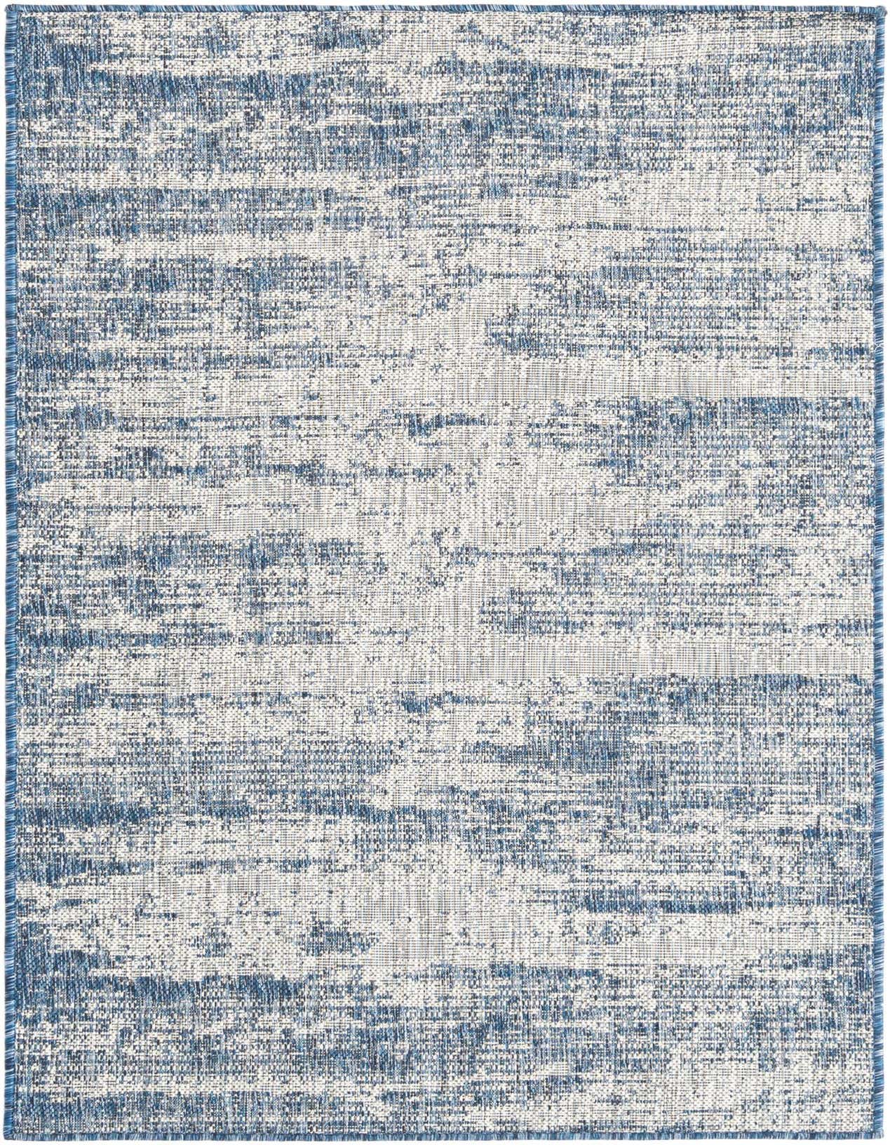 A 3x5 rectangular indoor/outdoor rug with a distressed blue and white coastal pattern and flatweave texture.