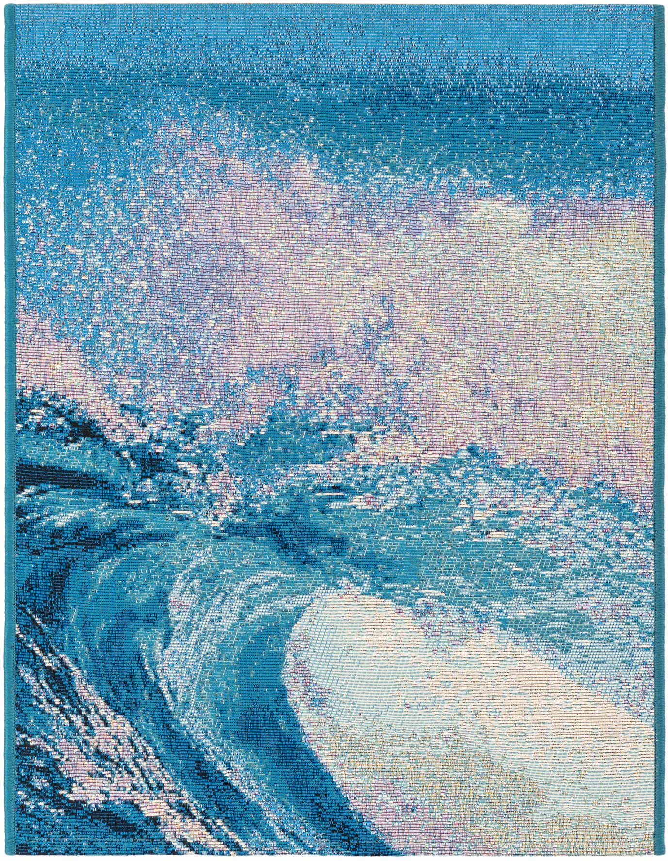 A 2x3 rectangular rug featuring a dynamic abstract coastal design with crashing blue and white waves.