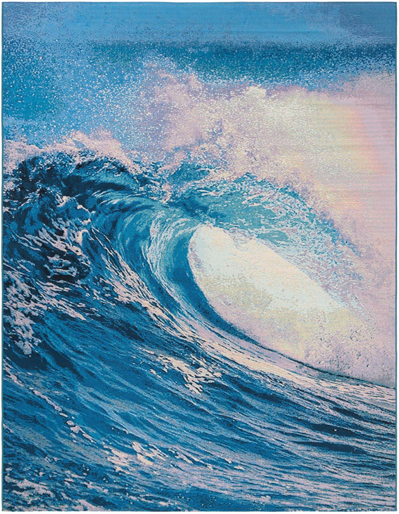 An 8x10 rectangular blue coastal rug featuring a large, crashing ocean wave with white foam and light blue water.