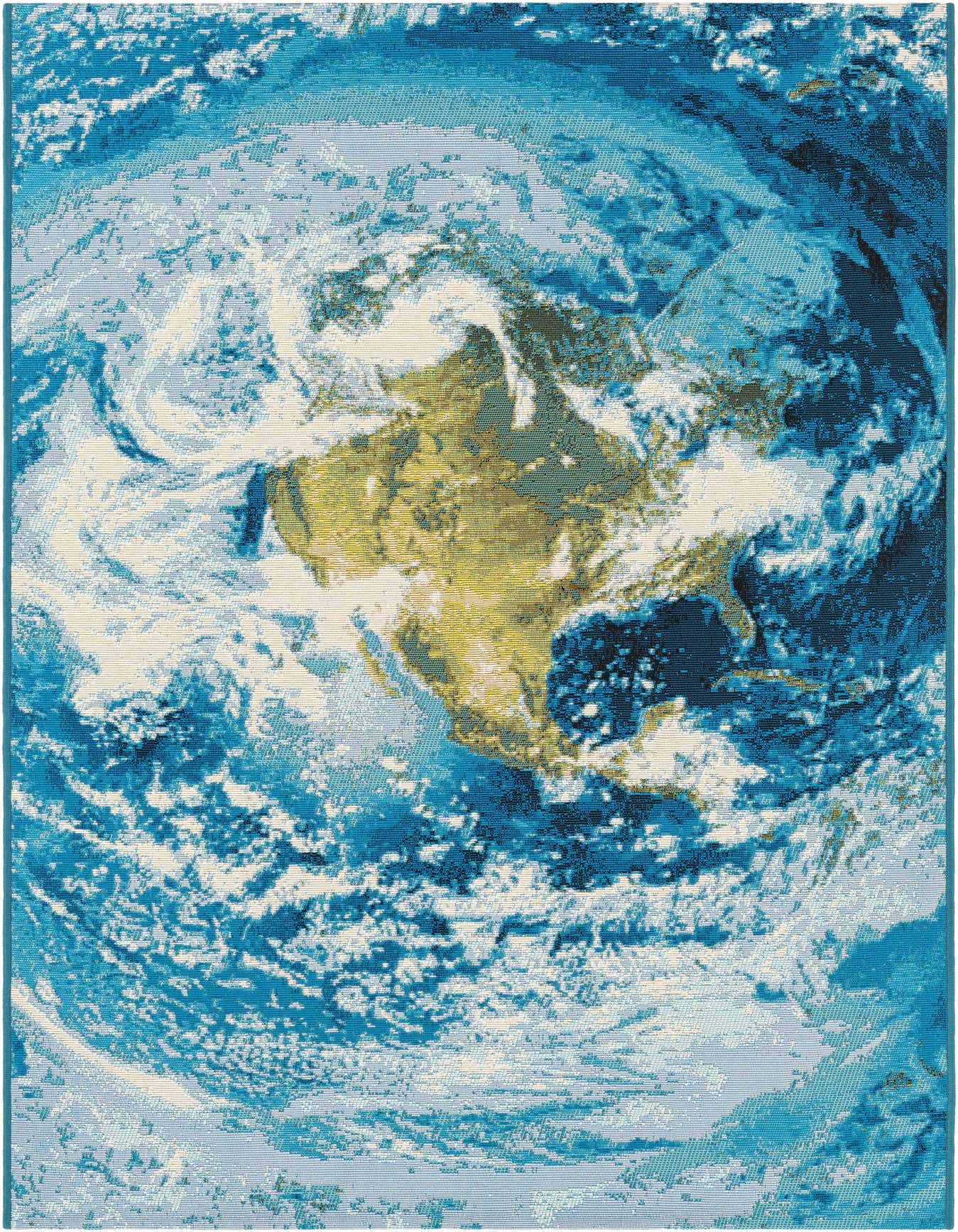 A 4x6 rectangular indoor/outdoor rug featuring an abstract, modern design in various shades of blue and hints of yellow, resembling a view of Earth from space.