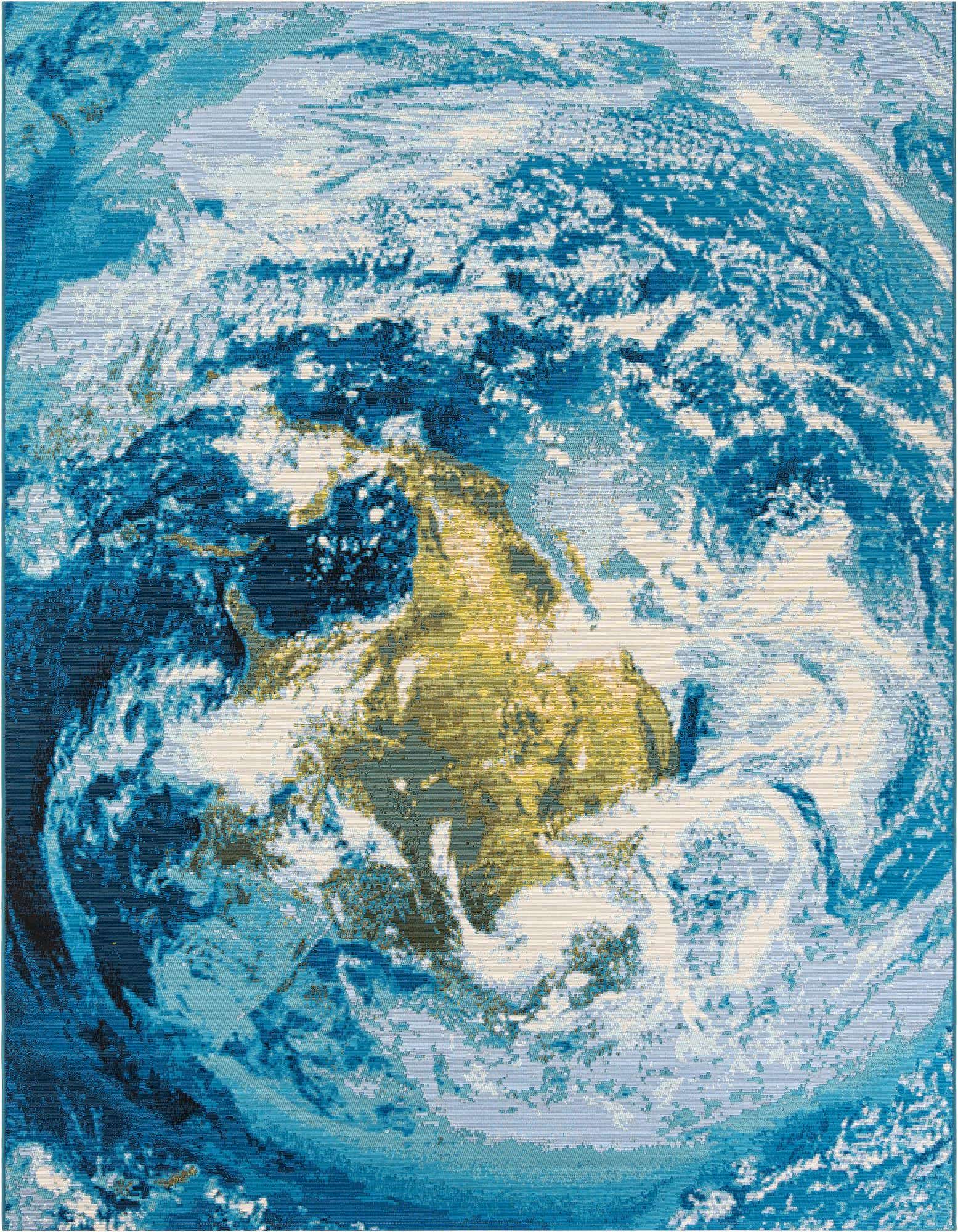 An 8x10 rectangular blue modern abstract rug, resembling a view of Earth from space, suitable for indoor or outdoor use.