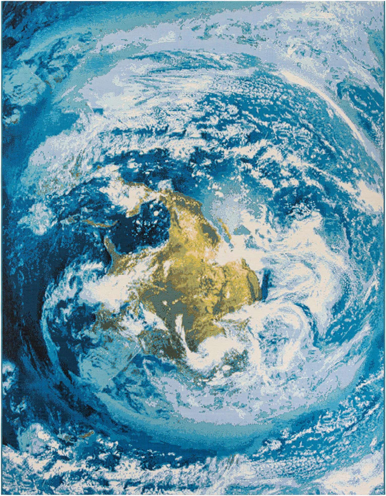 A 9x12 rectangular rug featuring an abstract, modern design in various shades of blue, resembling a view of Earth from space, with hints of gold and white.