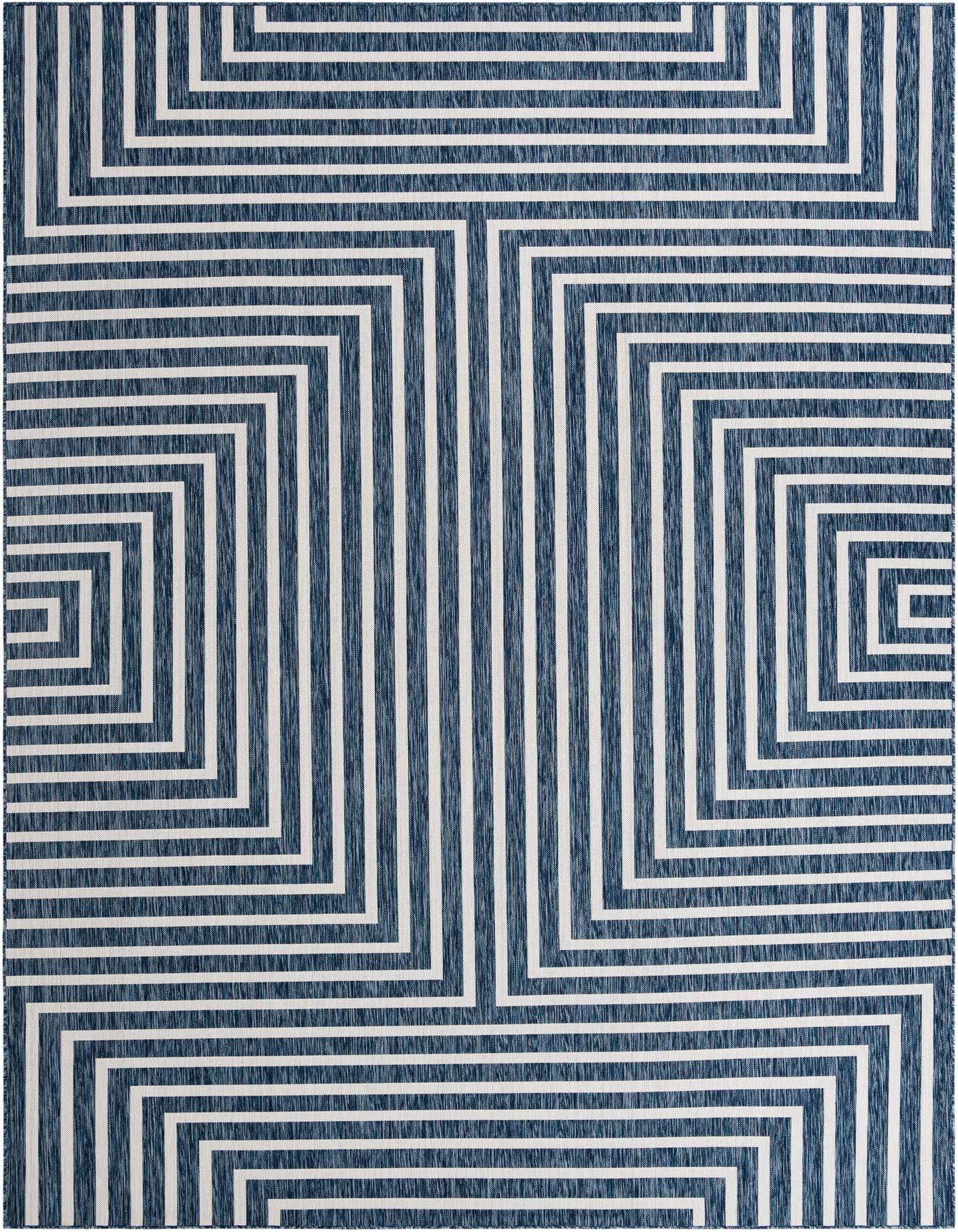 A 10x14 rectangular blue and white modern abstract rug with a geometric pattern of concentric squares and vertical stripes.