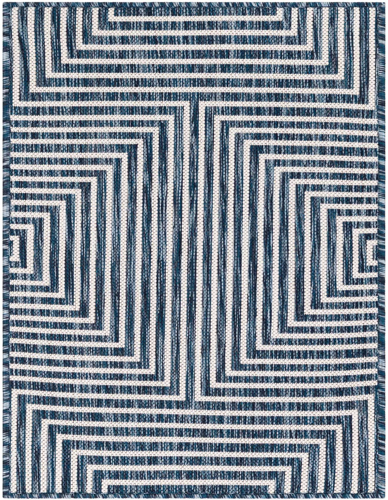 A 2x3 rectangular blue and white modern abstract rug with a geometric striped pattern, suitable for indoor or outdoor use.