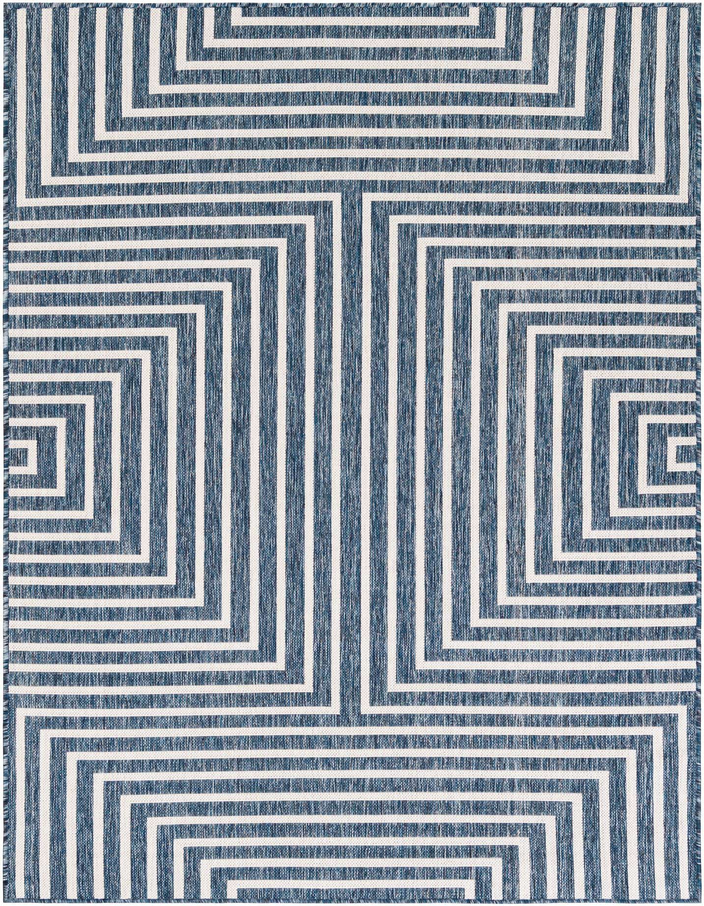A 5x7 rectangular blue and white indoor/outdoor rug with a modern abstract geometric pattern of interlocking lines.
