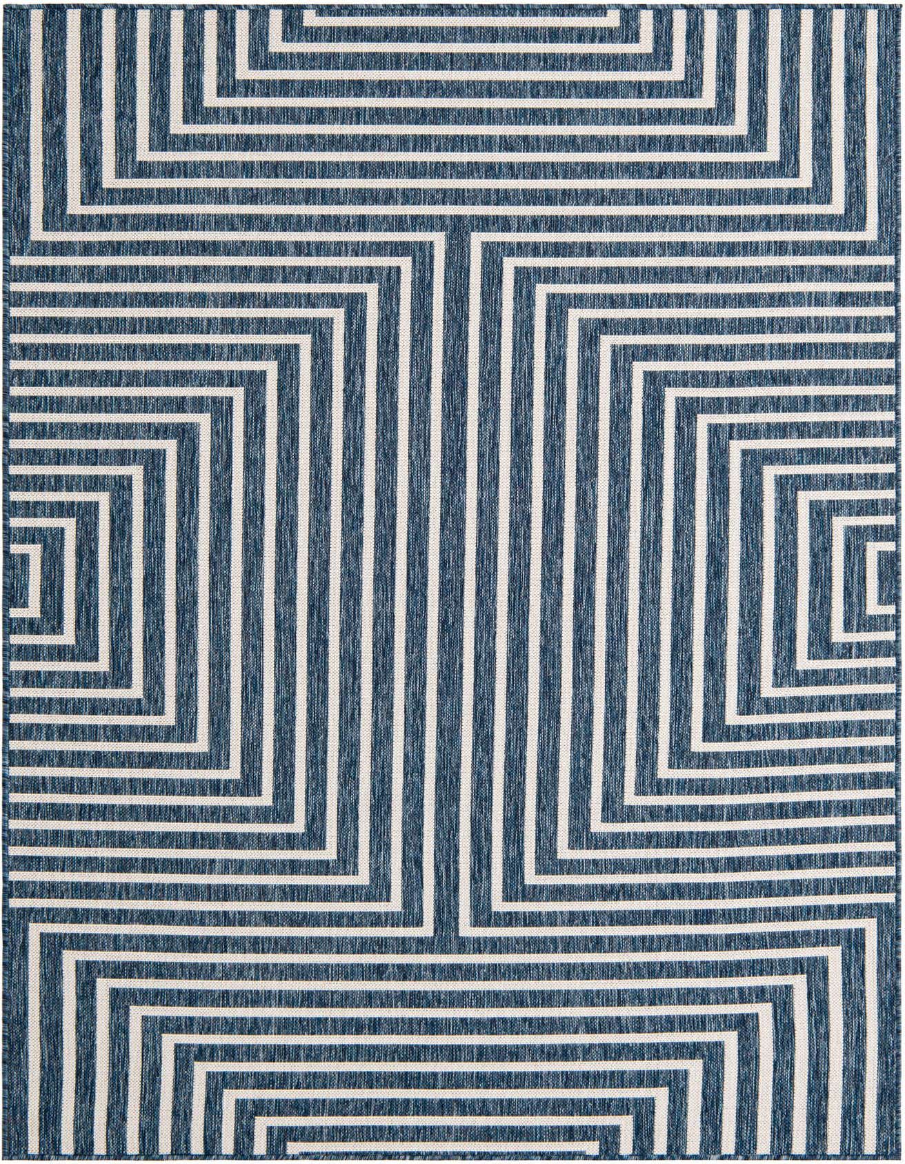 A 5x8 rectangular indoor/outdoor rug featuring a modern abstract pattern of concentric blue and white lines.