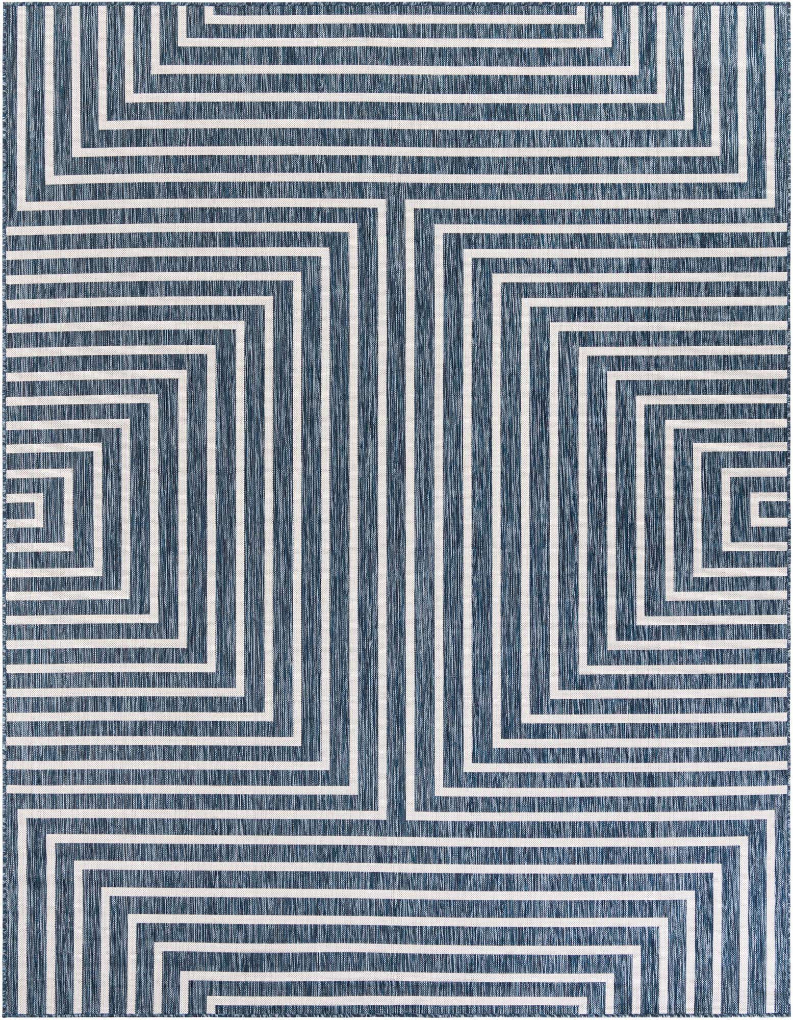 A rectangular 8x10 blue and white modern abstract rug with a geometric maze-like pattern, suitable for indoor or outdoor spaces.