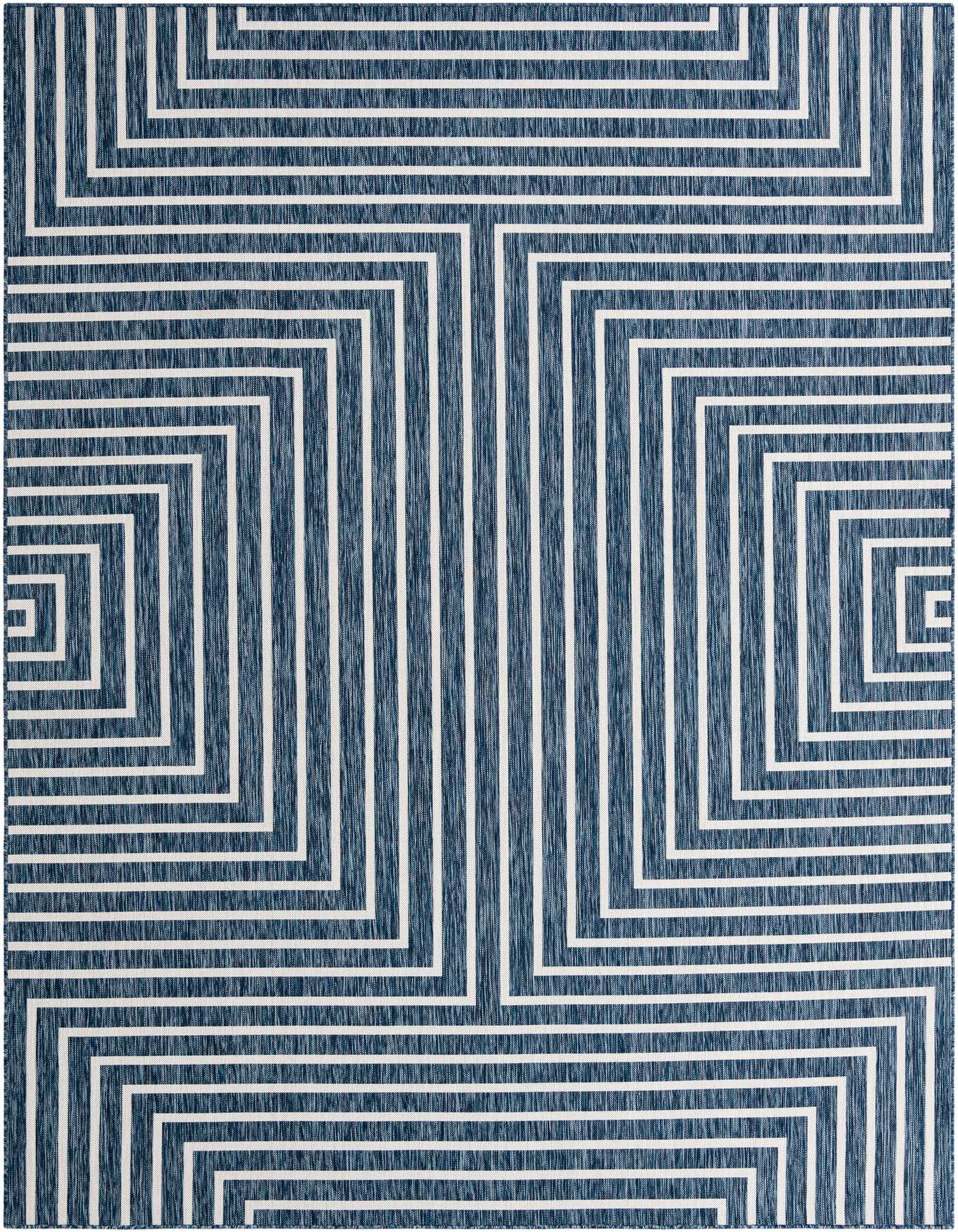 A 9x12 rectangular blue and white indoor/outdoor rug with a modern abstract geometric pattern of concentric lines.