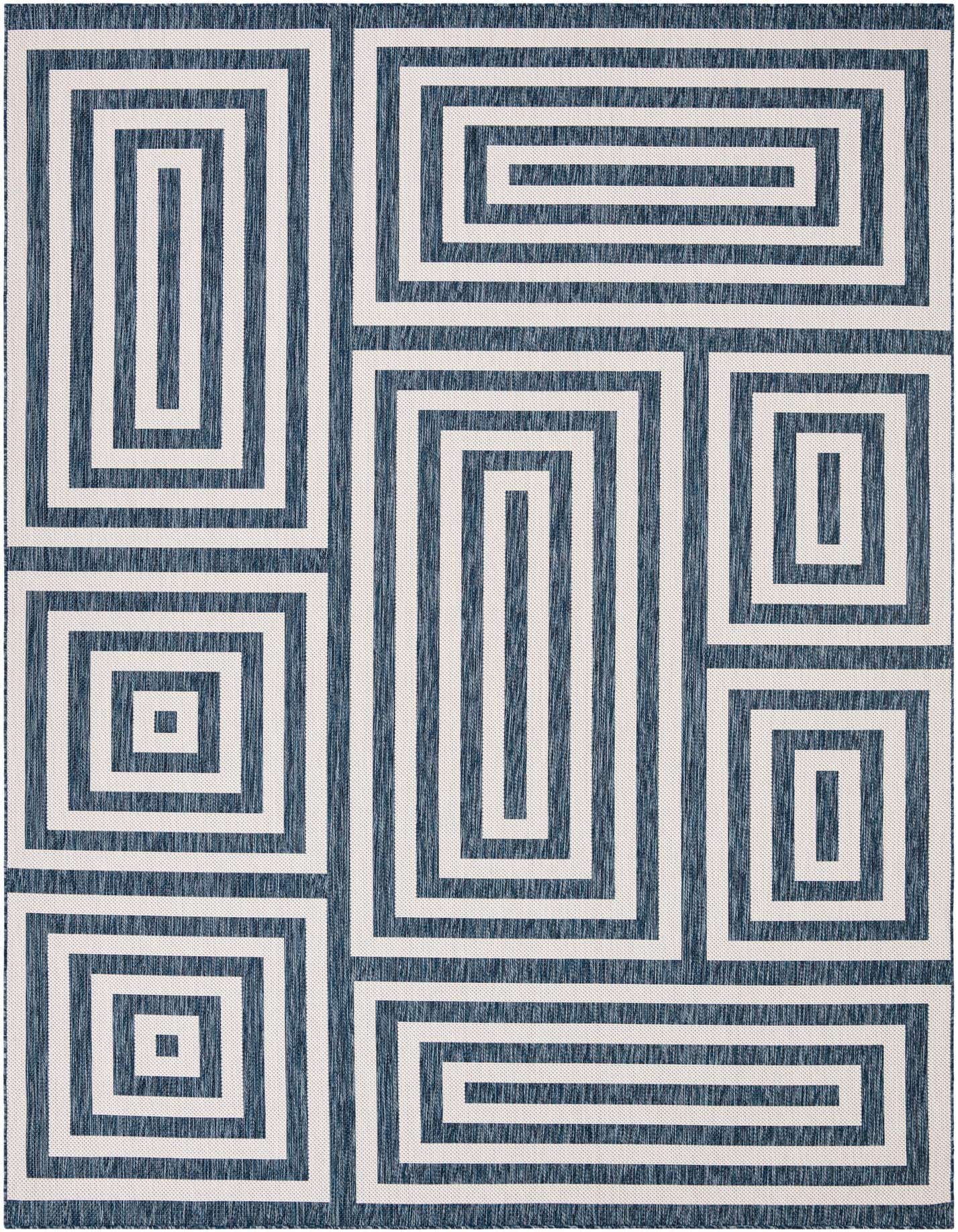 A 10x14 rectangular blue and white modern abstract rug with a geometric maze-like pattern, suitable for indoor or outdoor use.