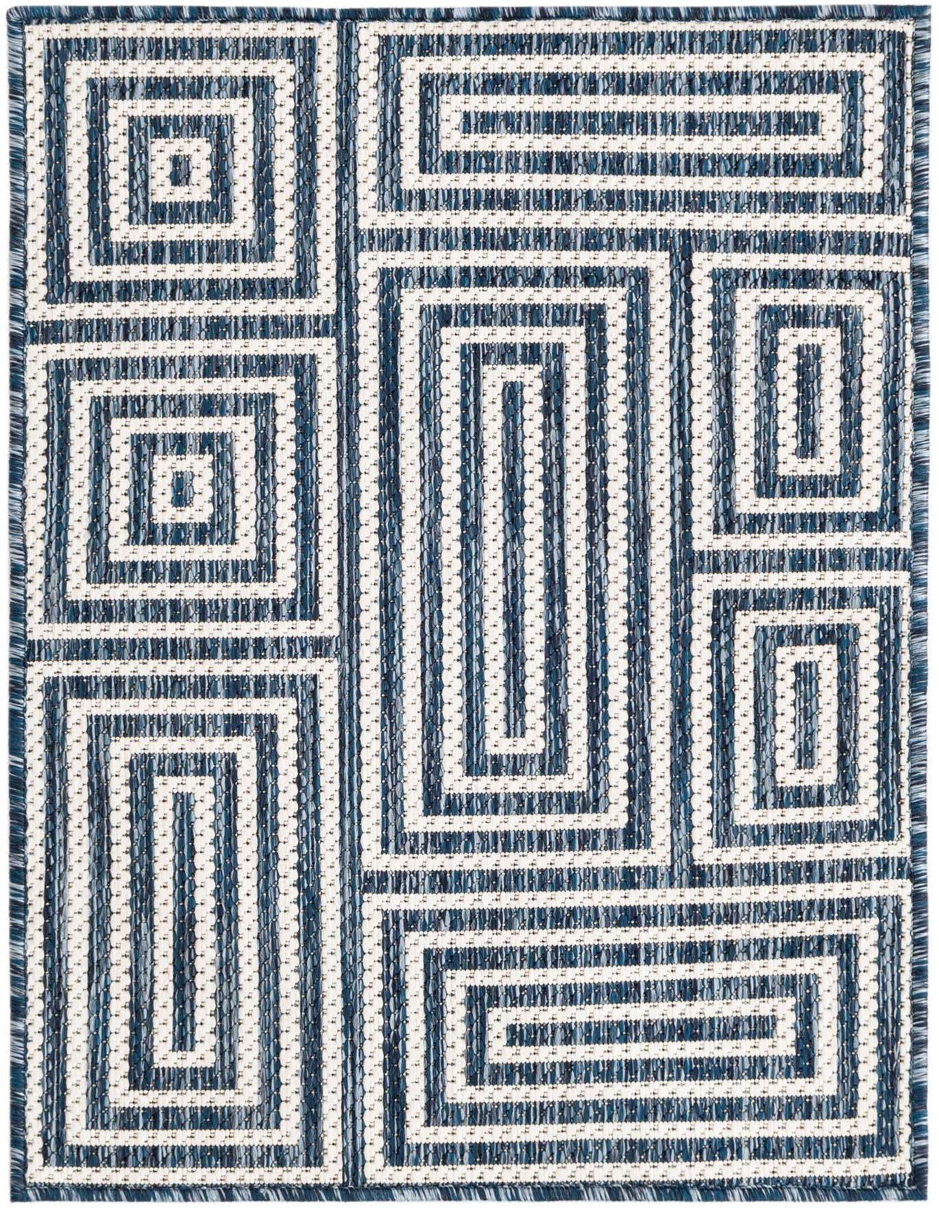 A 2x3 rectangular indoor/outdoor rug featuring a modern abstract pattern of interlocking blue and white rectangles and lines.
