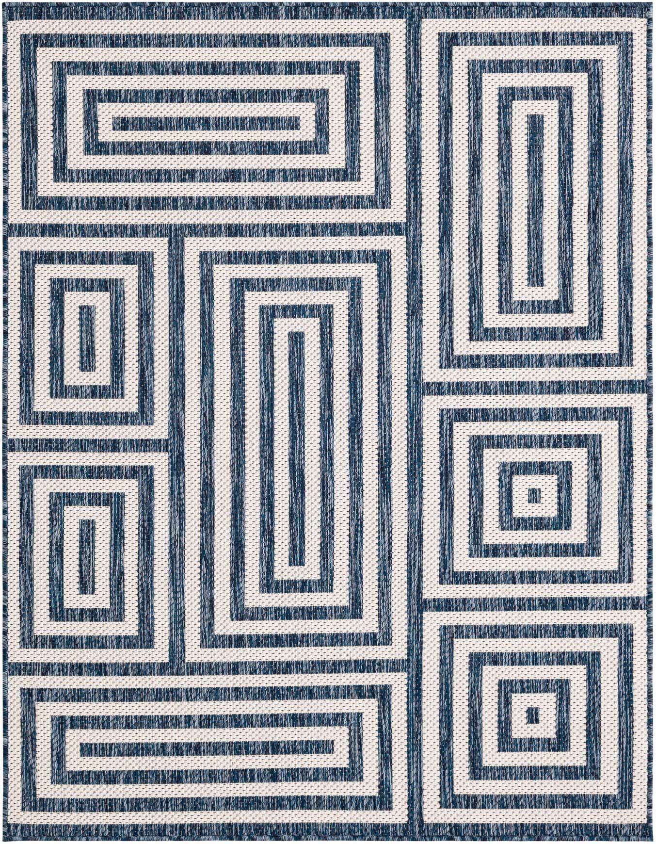 A 4x6 rectangular indoor/outdoor rug featuring a modern abstract pattern of interlocking blue and white rectangles.