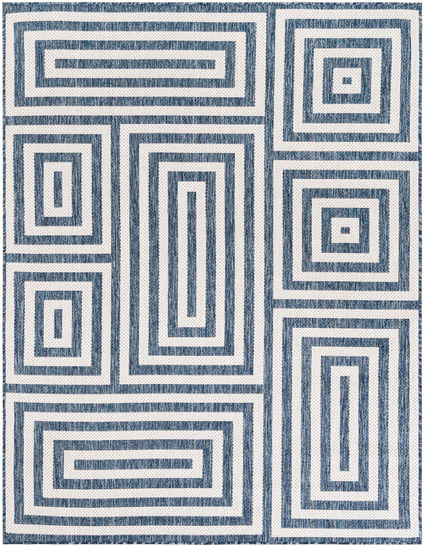 A 5x7 rectangular indoor/outdoor rug featuring a modern abstract pattern of concentric blue and white rectangles.