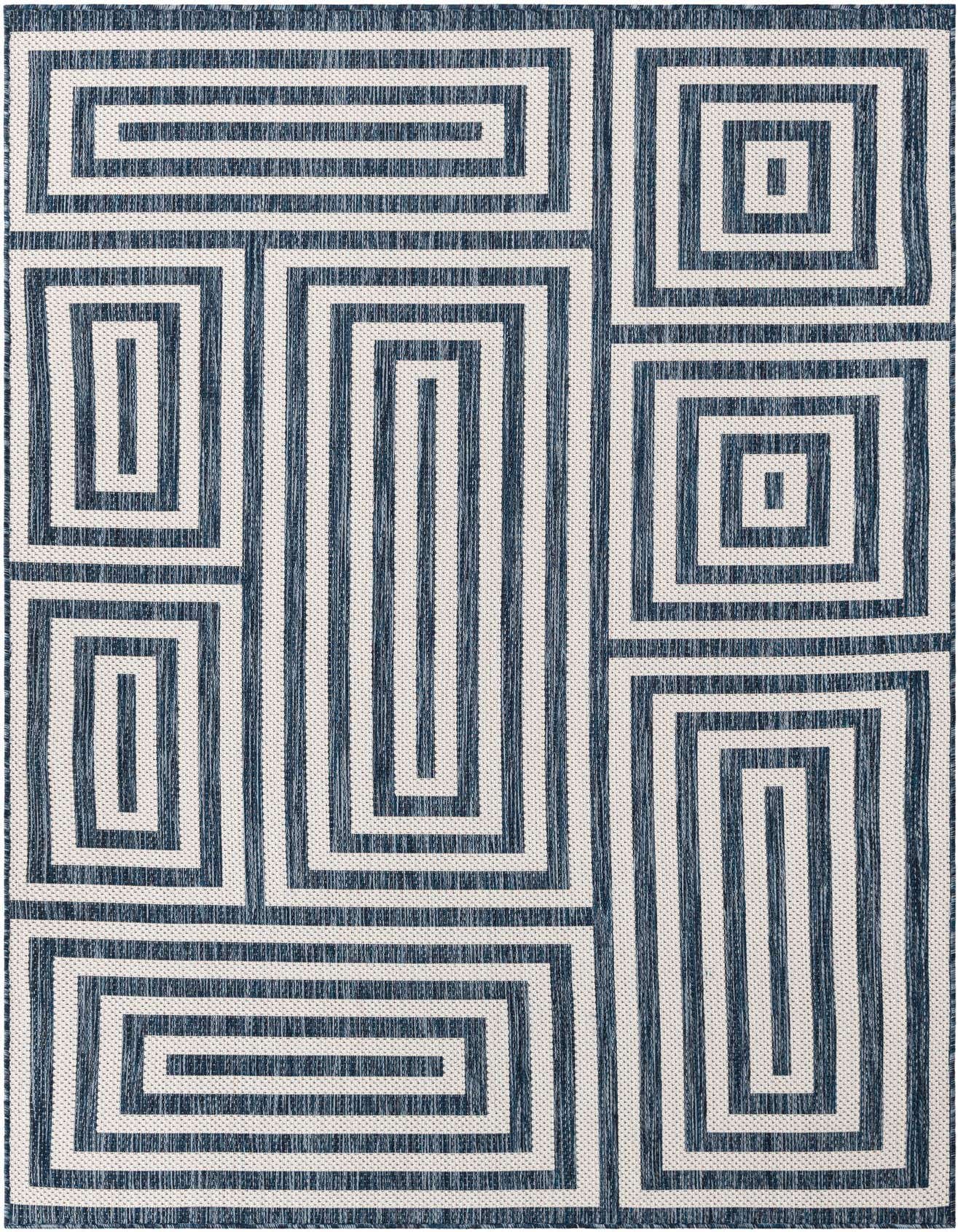 A 5x8 rectangular indoor/outdoor rug featuring a modern abstract pattern of interlocking blue and white geometric shapes.