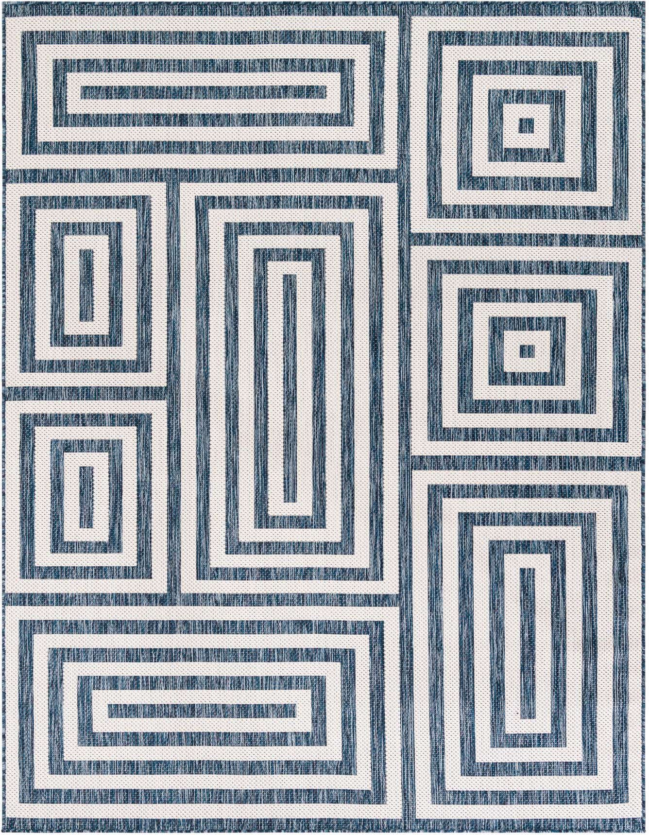A 6x9 rectangular blue and white modern abstract rug with a geometric pattern of interlocking rectangles and squares.