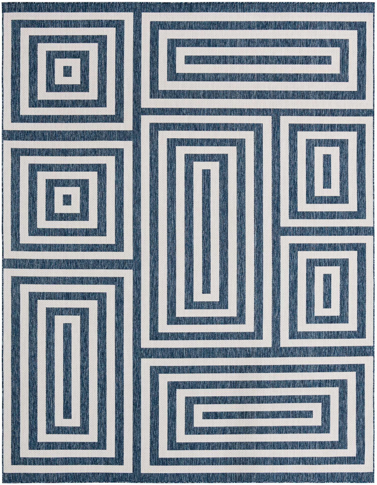 A 9x12 rectangular blue and white indoor/outdoor rug with a modern abstract geometric pattern of concentric rectangles.