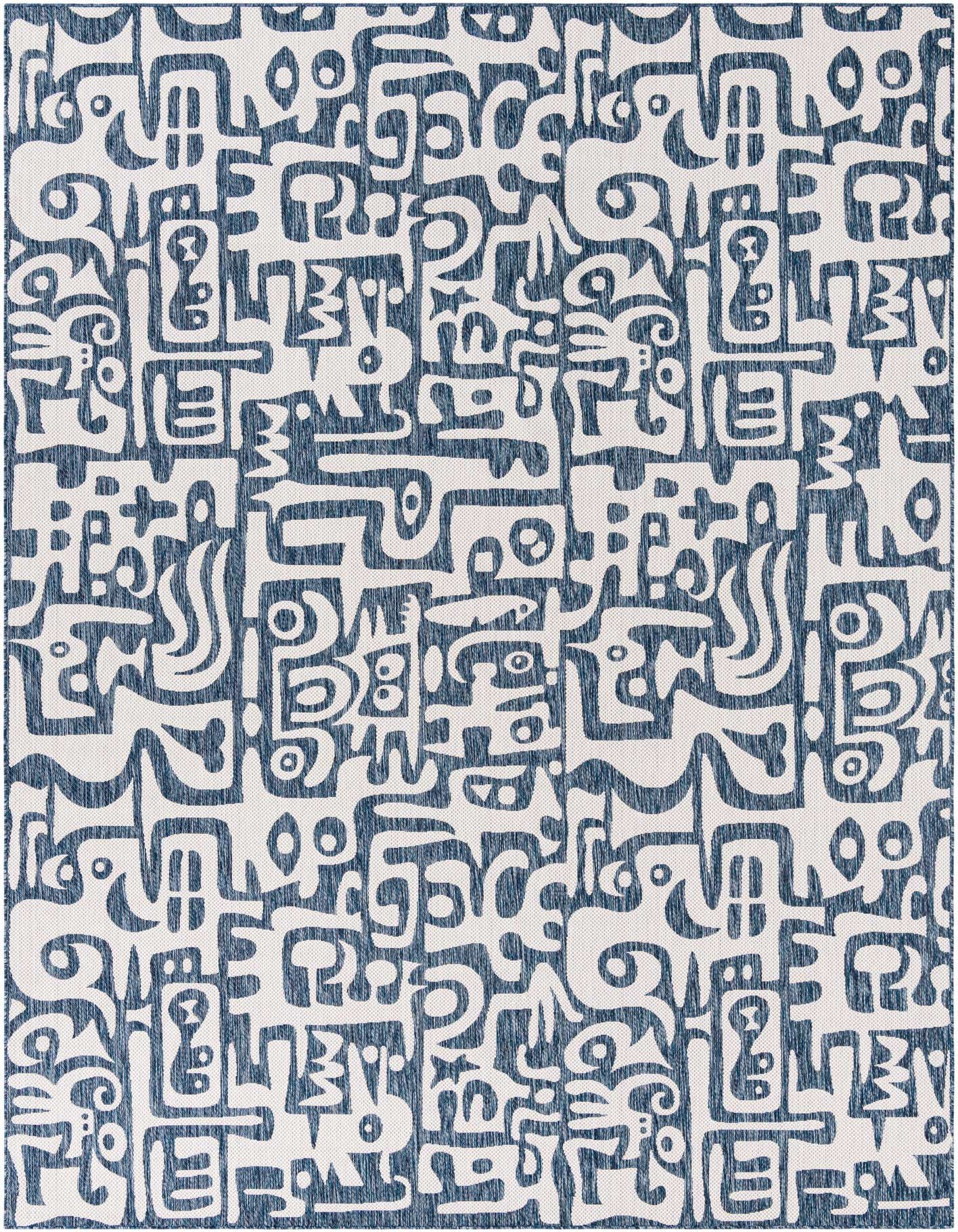A 10x14 rectangular blue and white modern abstract rug with a flatweave texture, suitable for indoor or outdoor use.