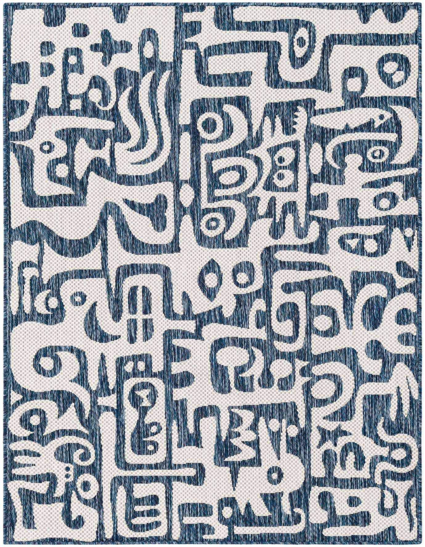 A 4x6 rectangular indoor/outdoor rug featuring a bold blue and white abstract pattern with organic shapes.