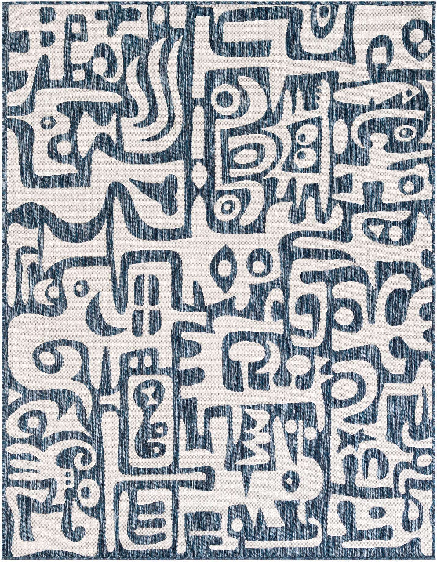 A 5x7 rectangular blue and white modern abstract rug with a flatweave, suitable for indoor/outdoor use.