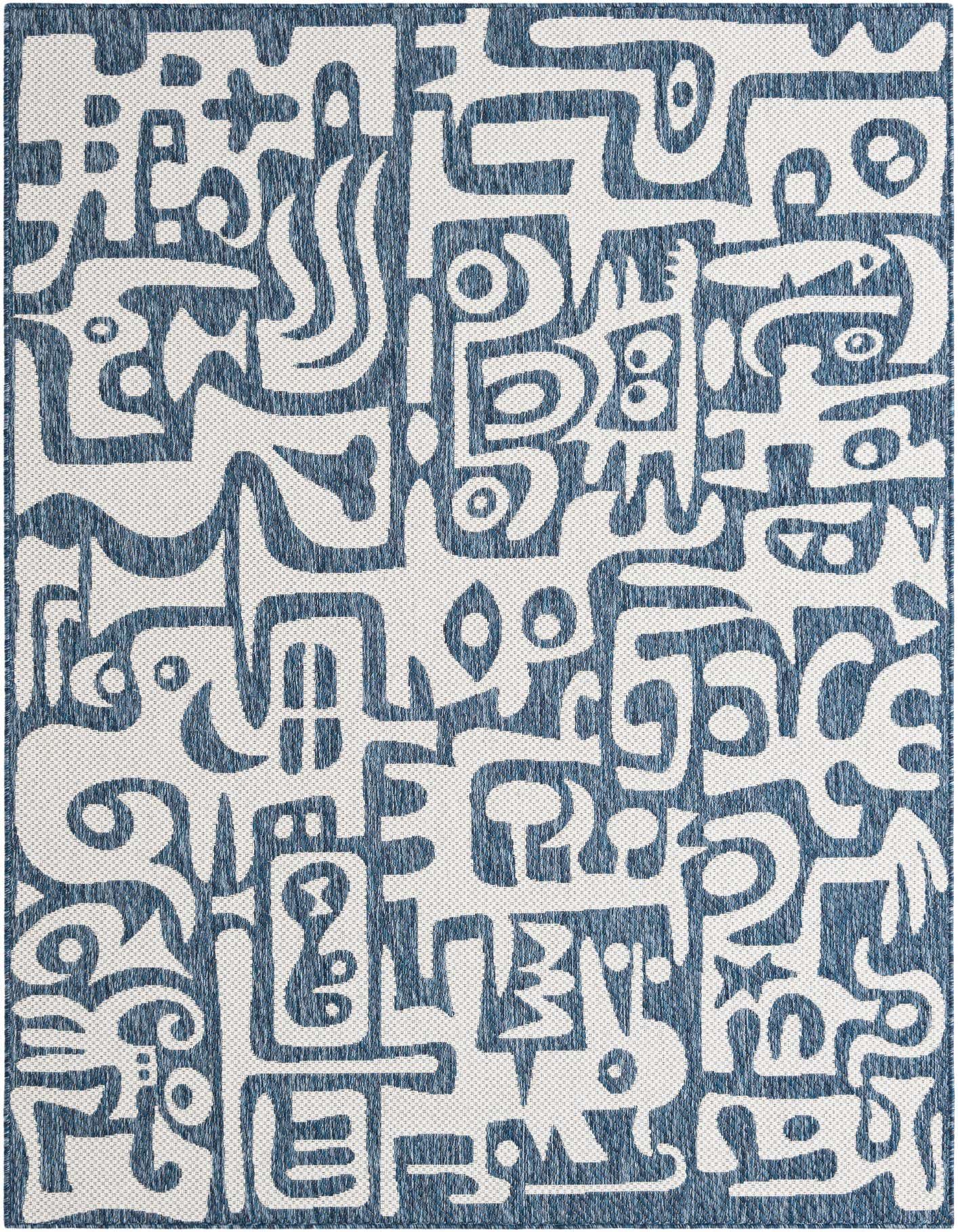 A 5x8 rectangular indoor/outdoor rug featuring a modern abstract pattern in varying shades of blue and white.