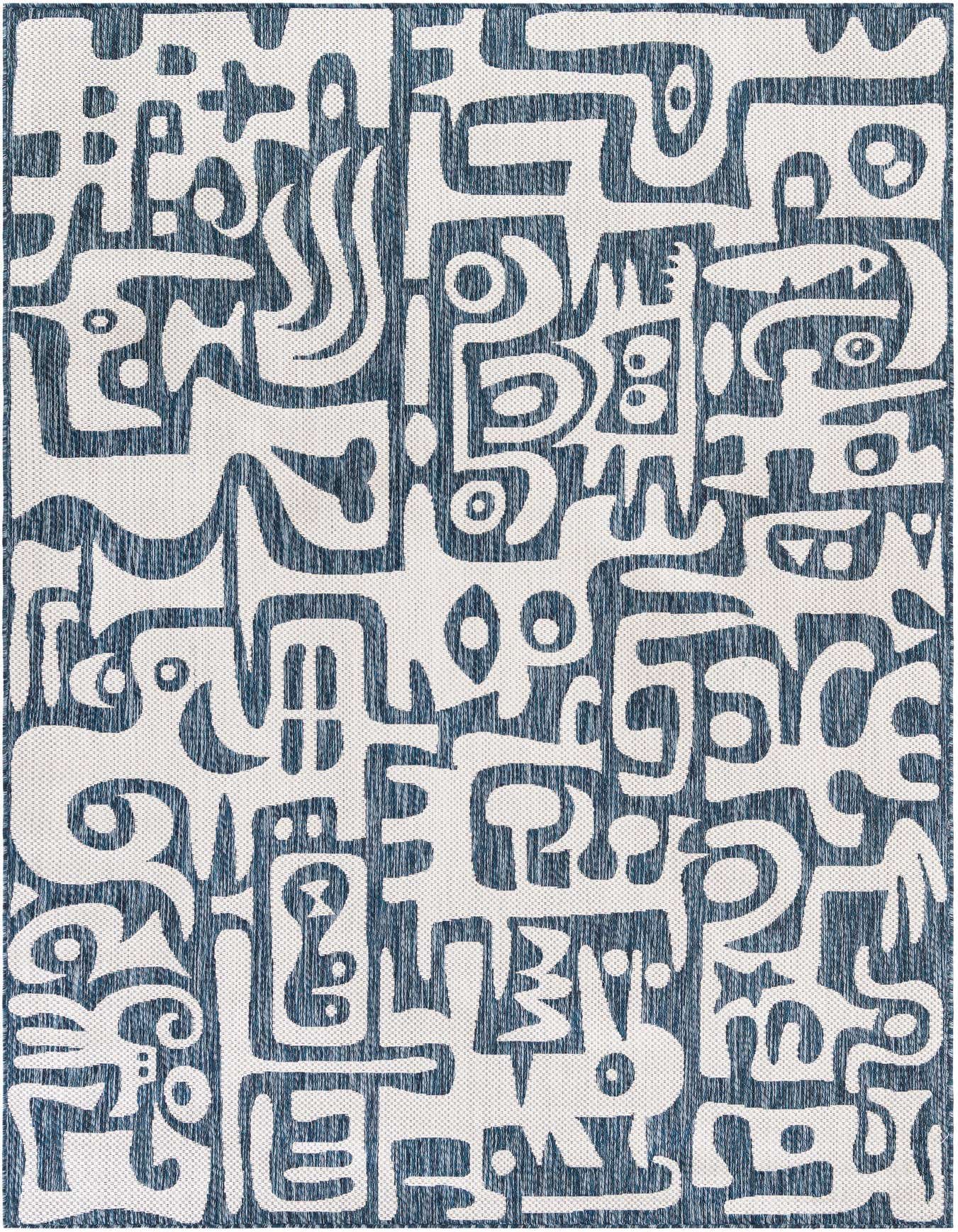 A 6x9 rectangular blue and white modern abstract rug with a flatweave texture, suitable for indoor or outdoor use.