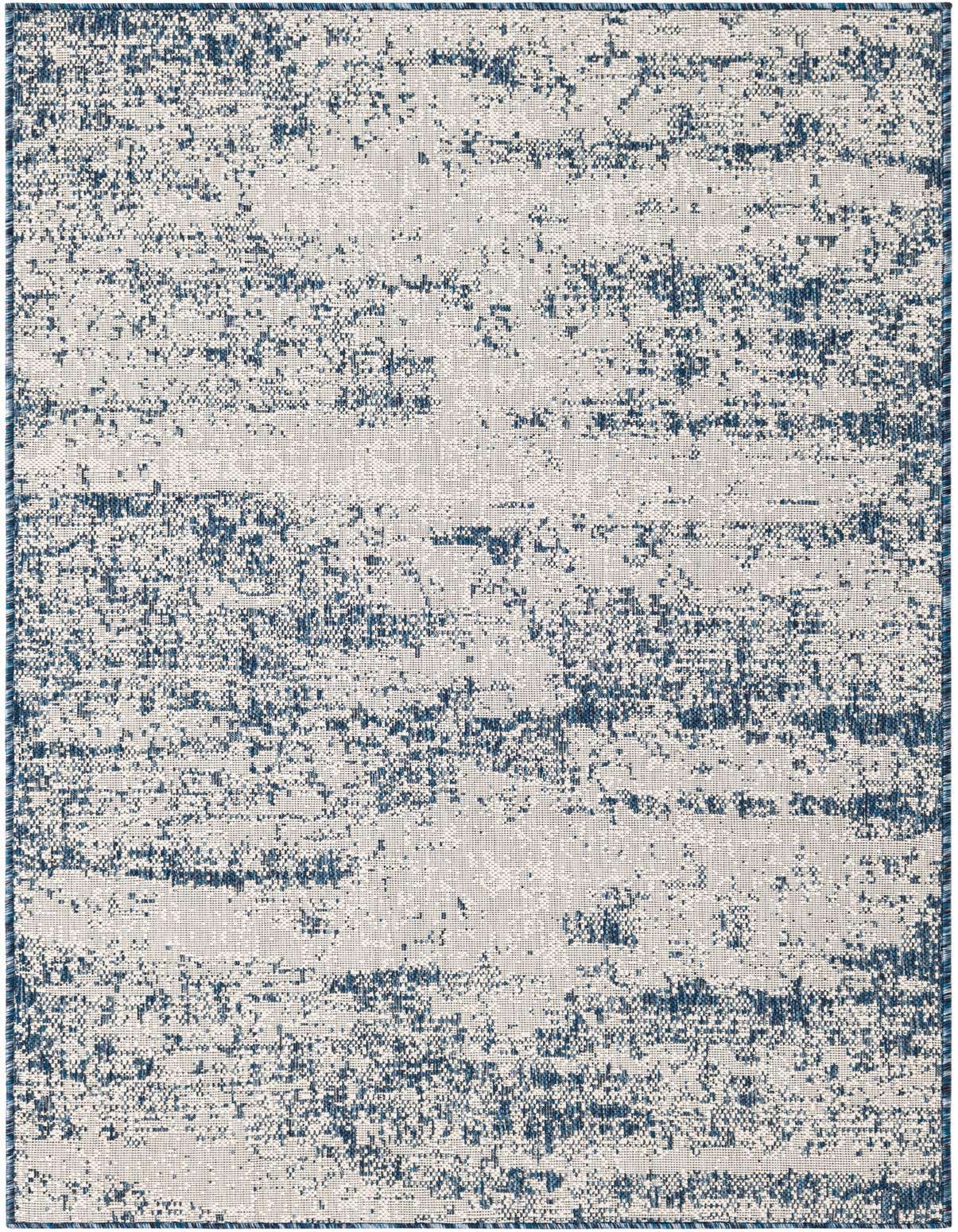 A 4x6 rectangular blue and white indoor/outdoor rug with a distressed, vintage-modern abstract pattern, suitable for various rooms.
