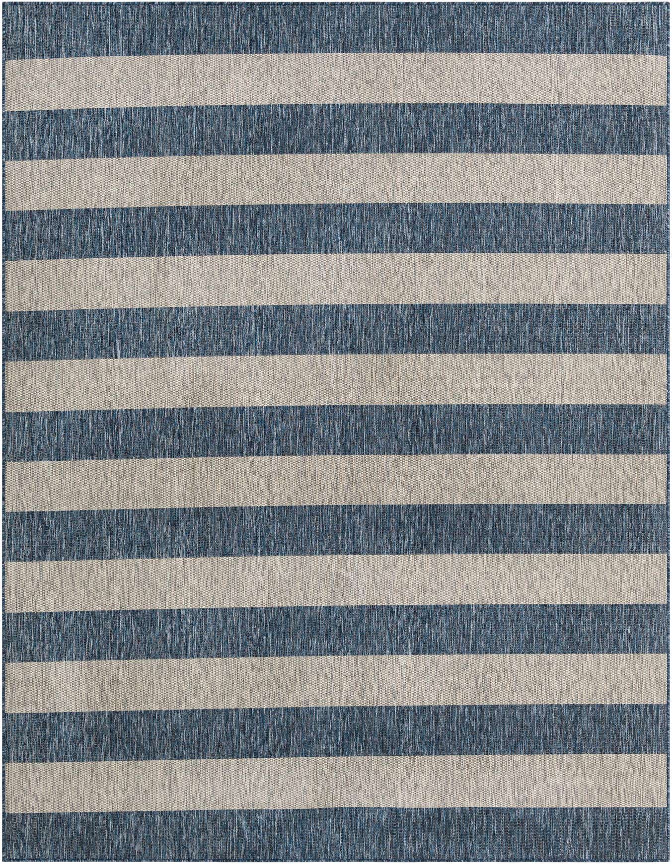 An 8x11 rectangular indoor/outdoor rug featuring wide horizontal stripes in varying shades of blue and light beige.