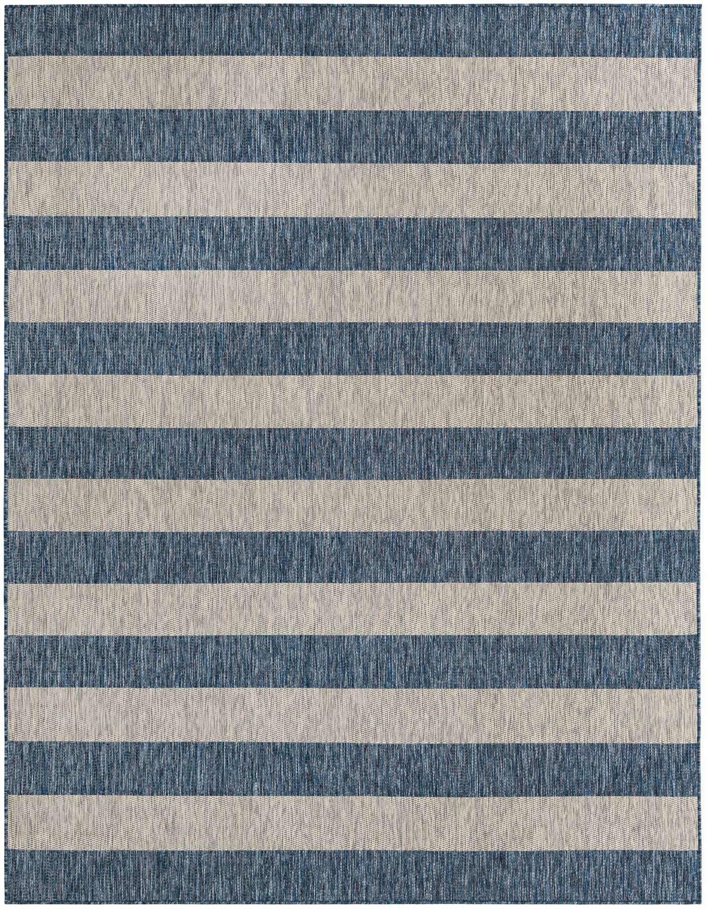 A 7x10 rectangular flatweave rug featuring wide horizontal stripes in varying shades of blue and light beige.