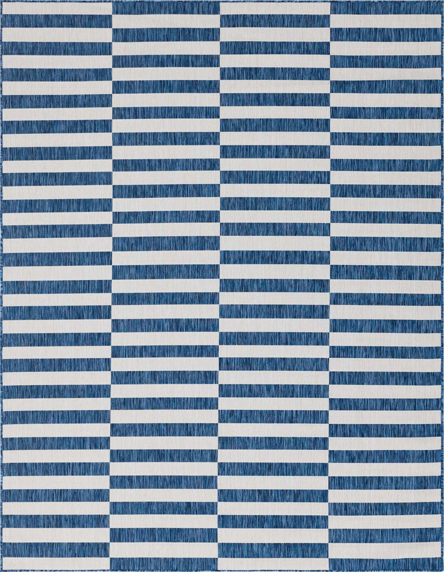 An 8x11 rectangular indoor/outdoor rug featuring a modern Scandinavian stripe pattern in varying shades of blue and white.
