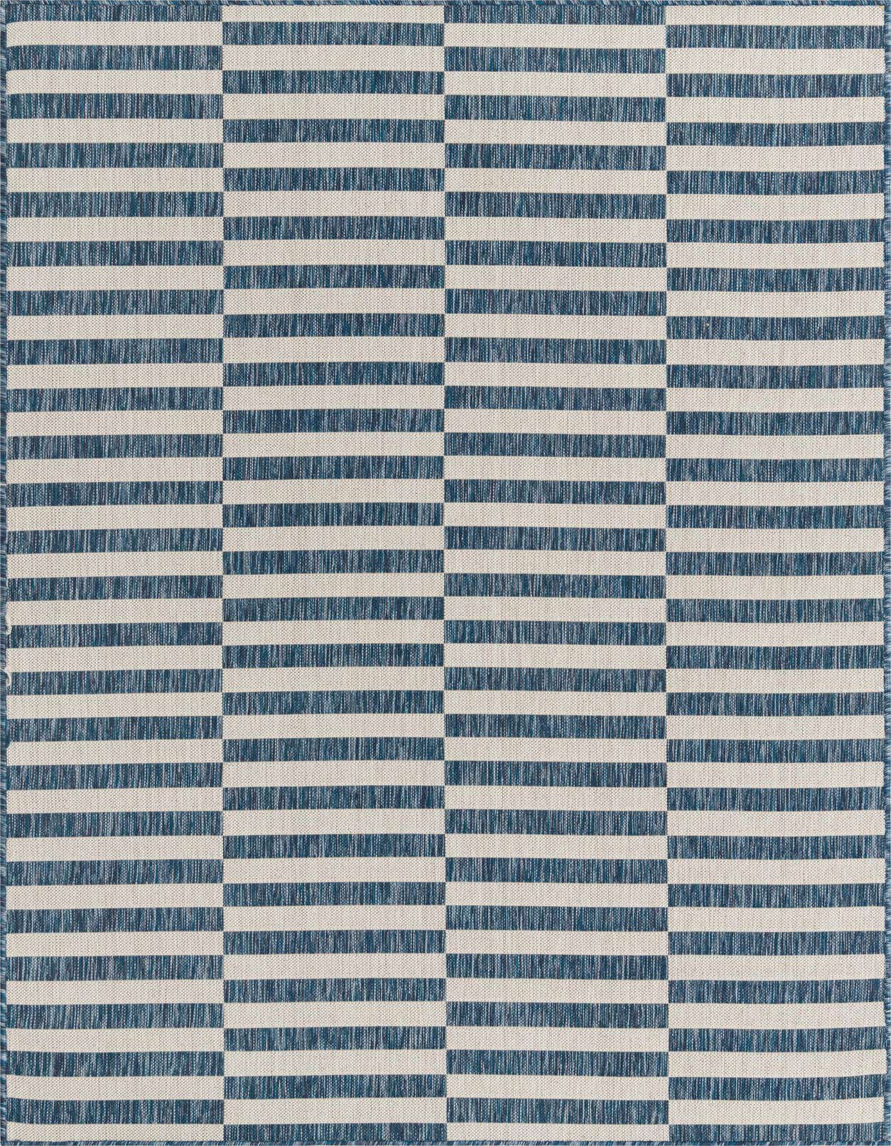 A 5x8 rectangular indoor/outdoor rug featuring a modern Scandinavian stripe pattern in varying shades of blue and off-white.