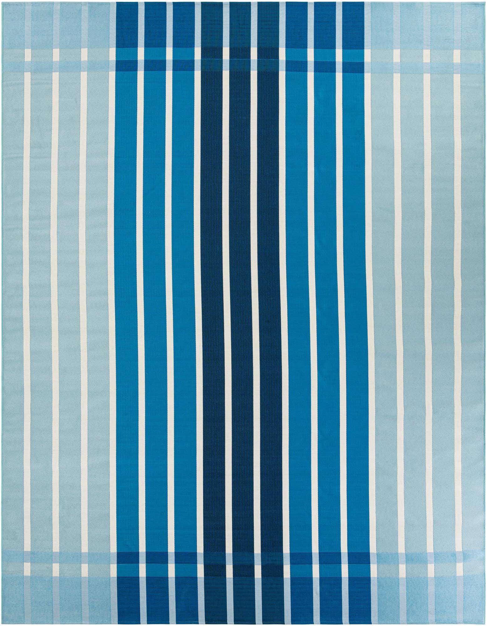A 10x13 rectangular blue and white striped rug with varying shades of blue, suitable for indoor or outdoor use.