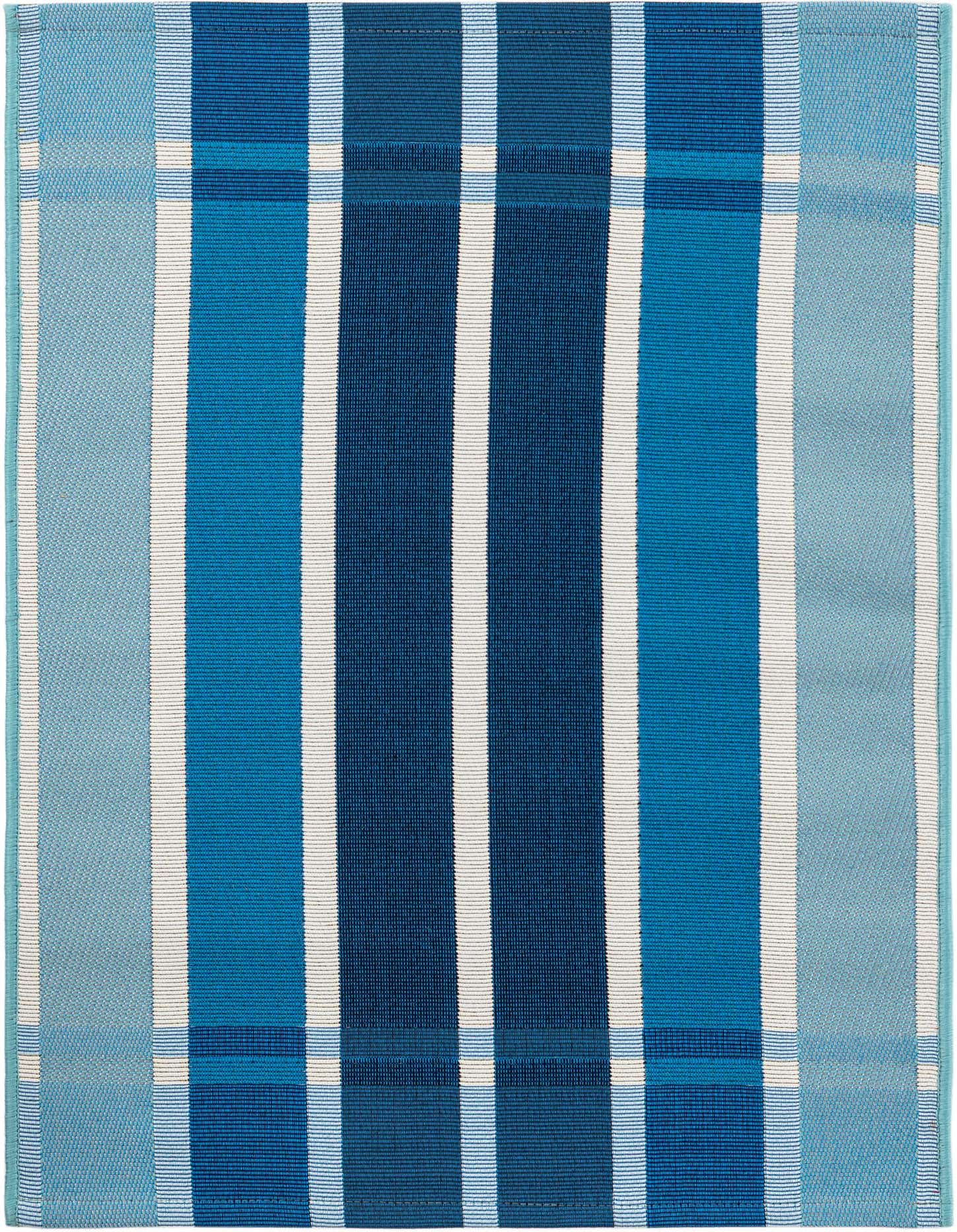 A 2x3 rectangular blue modern striped rug featuring varying shades of blue and white vertical stripes, suitable for indoor or outdoor use.