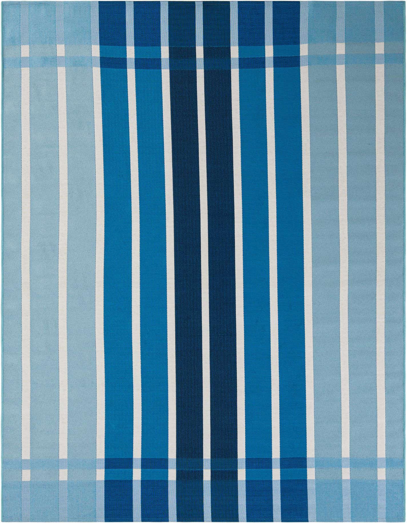 A 6x9 rectangular blue modern stripe rug, featuring varying shades of blue and white vertical stripes, with a horizontal striped border at the top and bottom.