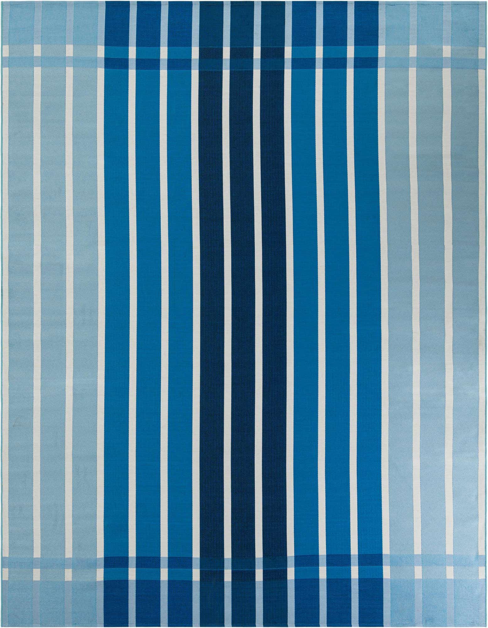A 9x12 rectangular Rugs.com Outdoor Ribbon rug featuring vertical stripes in varying shades of blue and white, with horizontal stripe accents at the top and bottom.