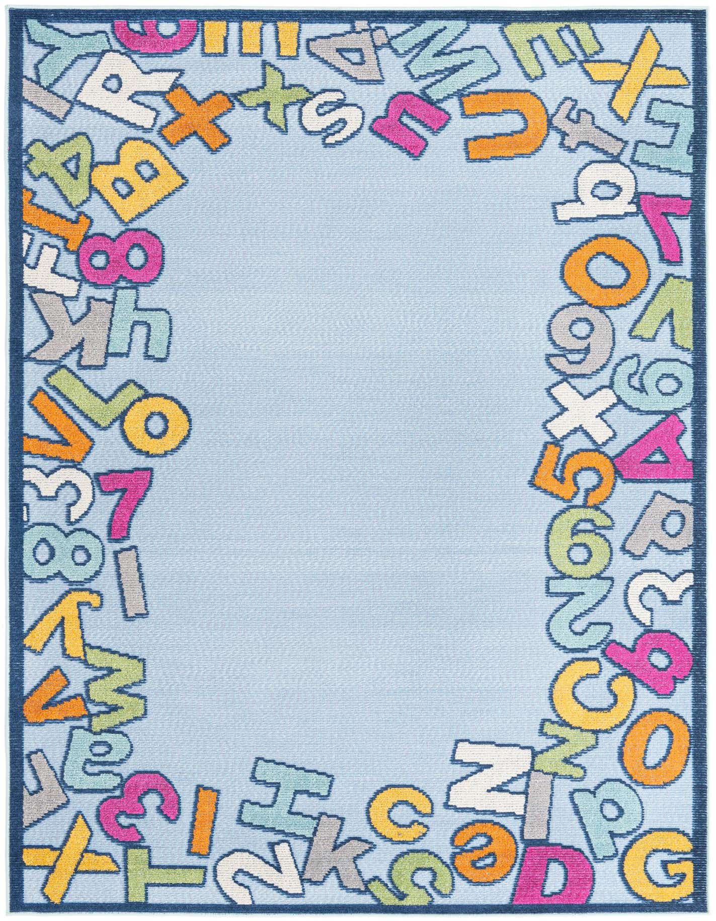 A 5x8 rectangular blue rug with a playful border of colorful alphabet letters and numbers, suitable for kids' rooms or play areas.