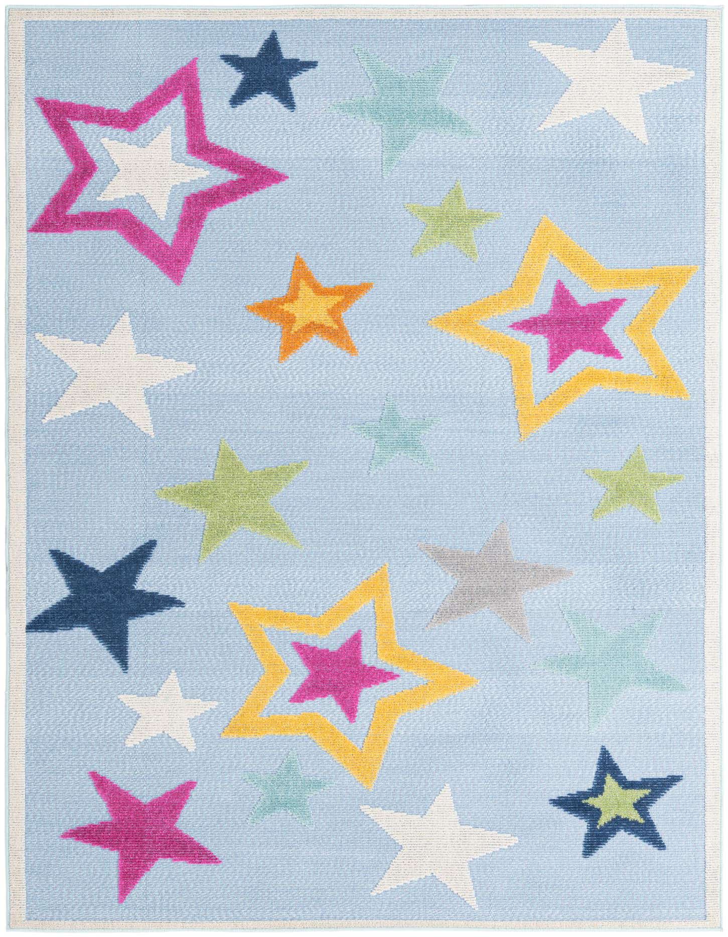 A 5x8 rectangular blue rug with a playful modern star pattern in various colors like pink, yellow, orange, green, and white.