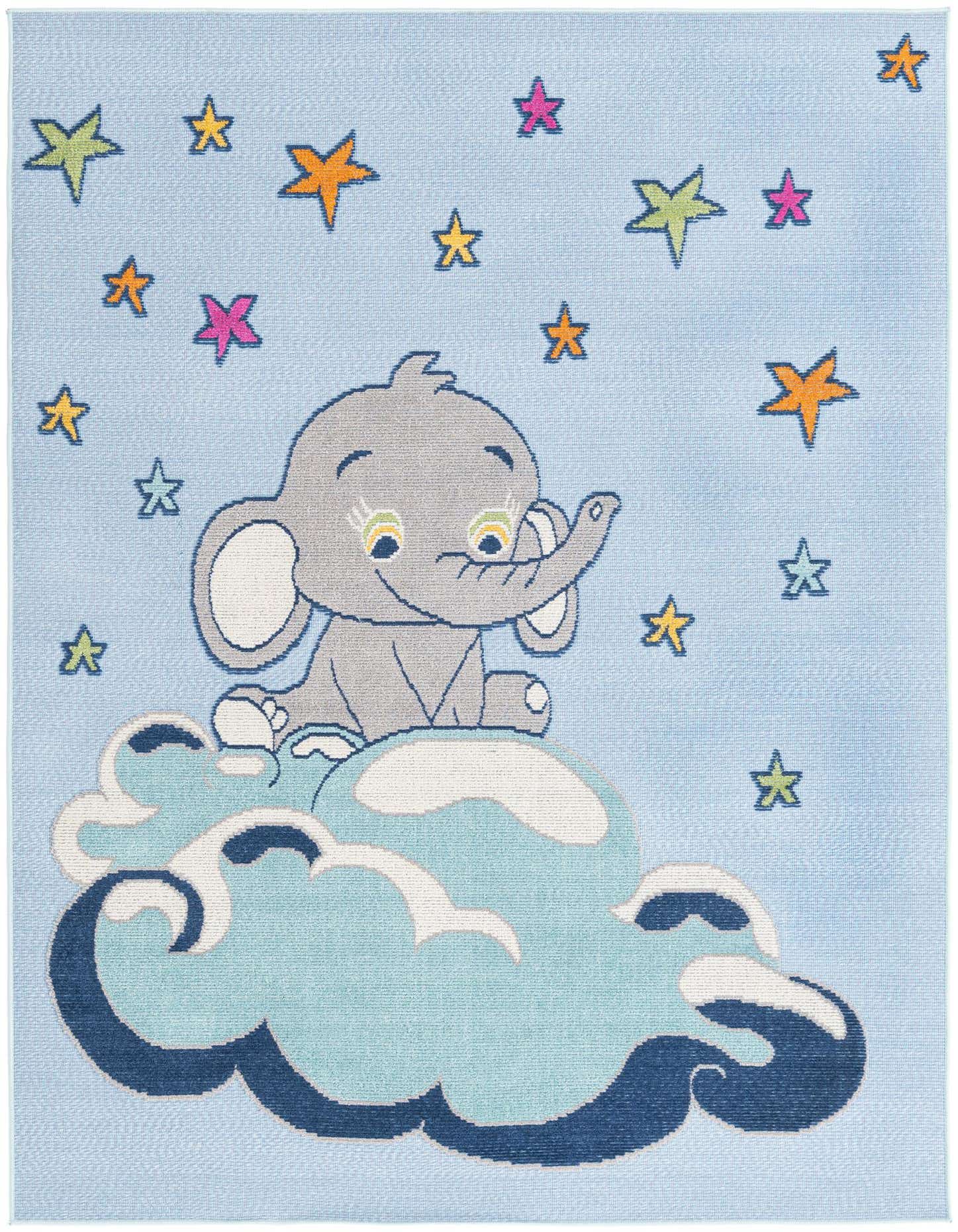 A light blue rectangular rug with a cute grey elephant sitting on a blue cloud, surrounded by colorful stars.
